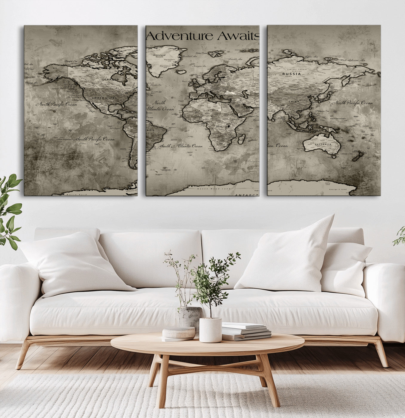 24544384-MGV-CV-36X24-Adventure Awaits World Map Wall Art – Black and White Vintage Canvas Print, Rustic Travel Decor, Antique Atlas Artwork for Living