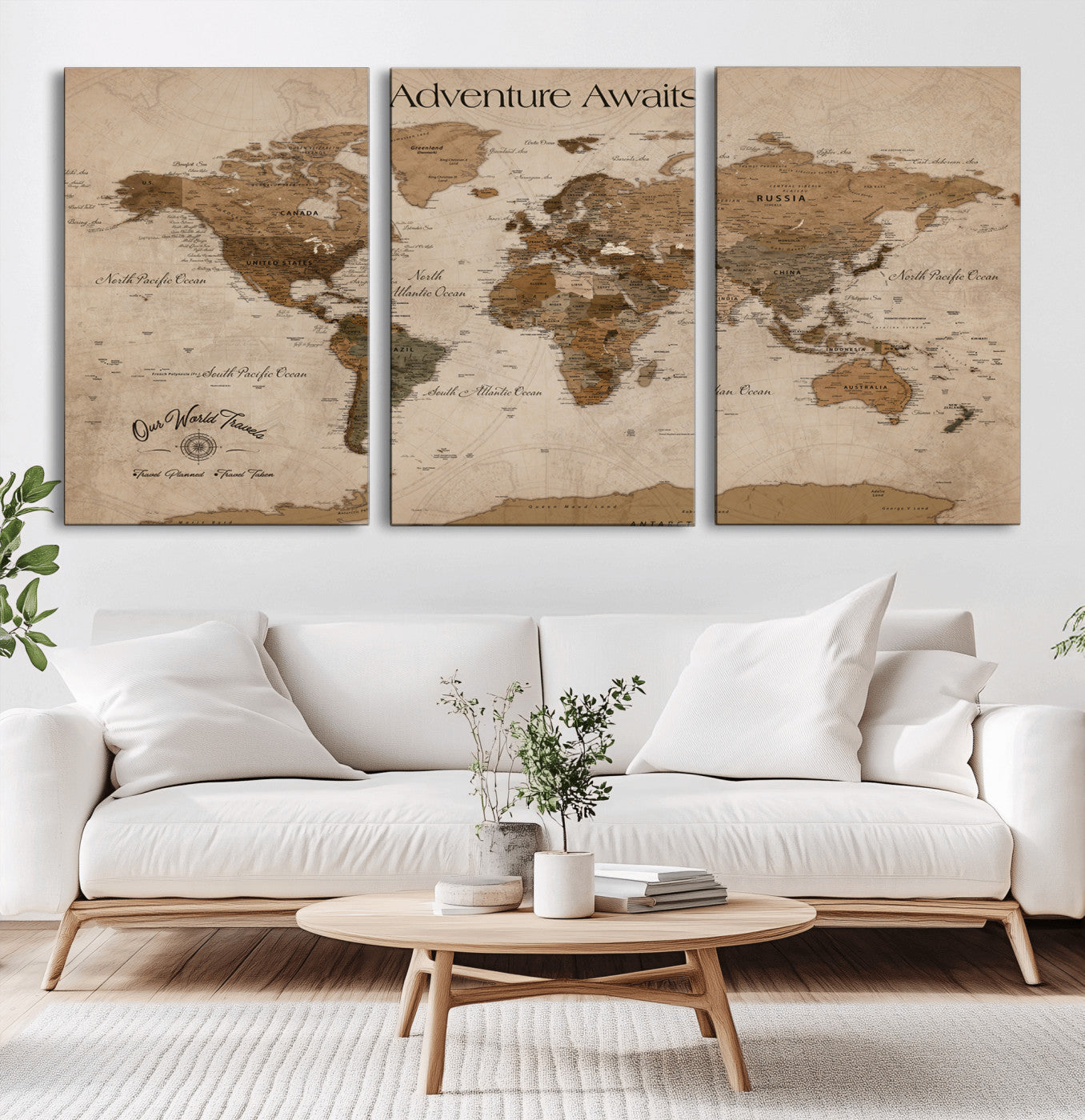 81121837-MGV-CV-36X24-Adventure Awaits World Map Wall Art – Rustic Vintage Canvas Print, Antique Travel Decor, Classic Atlas Artwork for Home Office