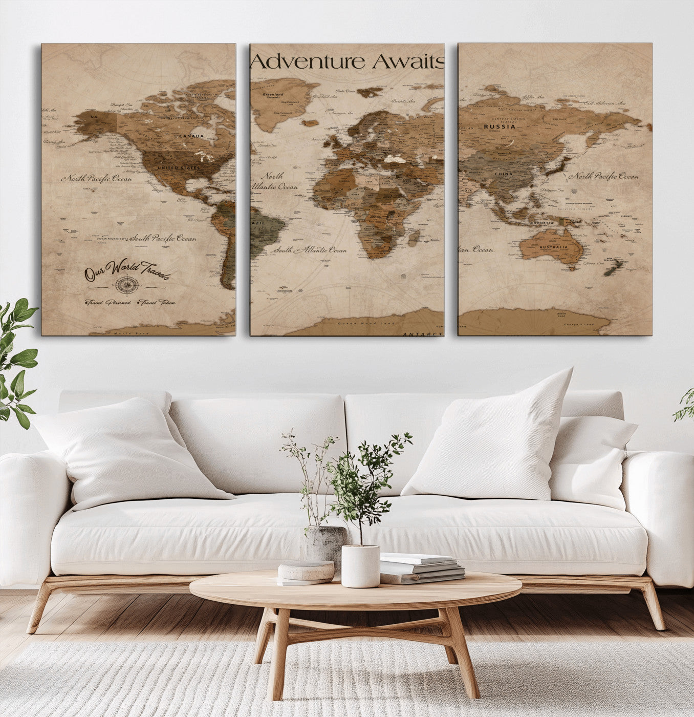 58622470-MGV-CV-36X24-Adventure Awaits Sepia World Map Wall Art – Vintage Travel Canvas Print, Rustic Atlas Artwork, Antique Style Decor for Home Office