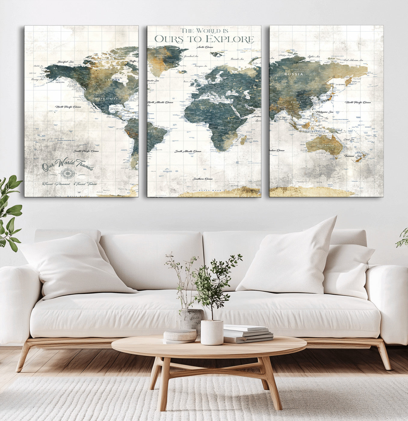 14988581-MGV-CV-36X24-Ours Explore Watercolor World Map – Artistic Travel Canvas Wall Art, Abstract Atlas Print, Wanderlust Decor for Living Room Office