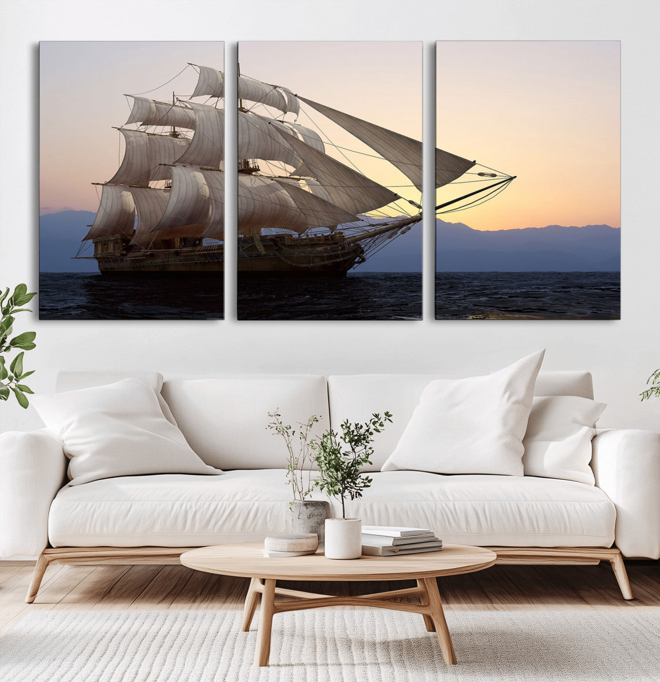 31270610-MGV-CV-36X24-Sailing Ship Wall Art – Sunset Seascape Canvas Print with Tall Ship at Sea, Nautical Ocean Decor for Living Room, Office, or