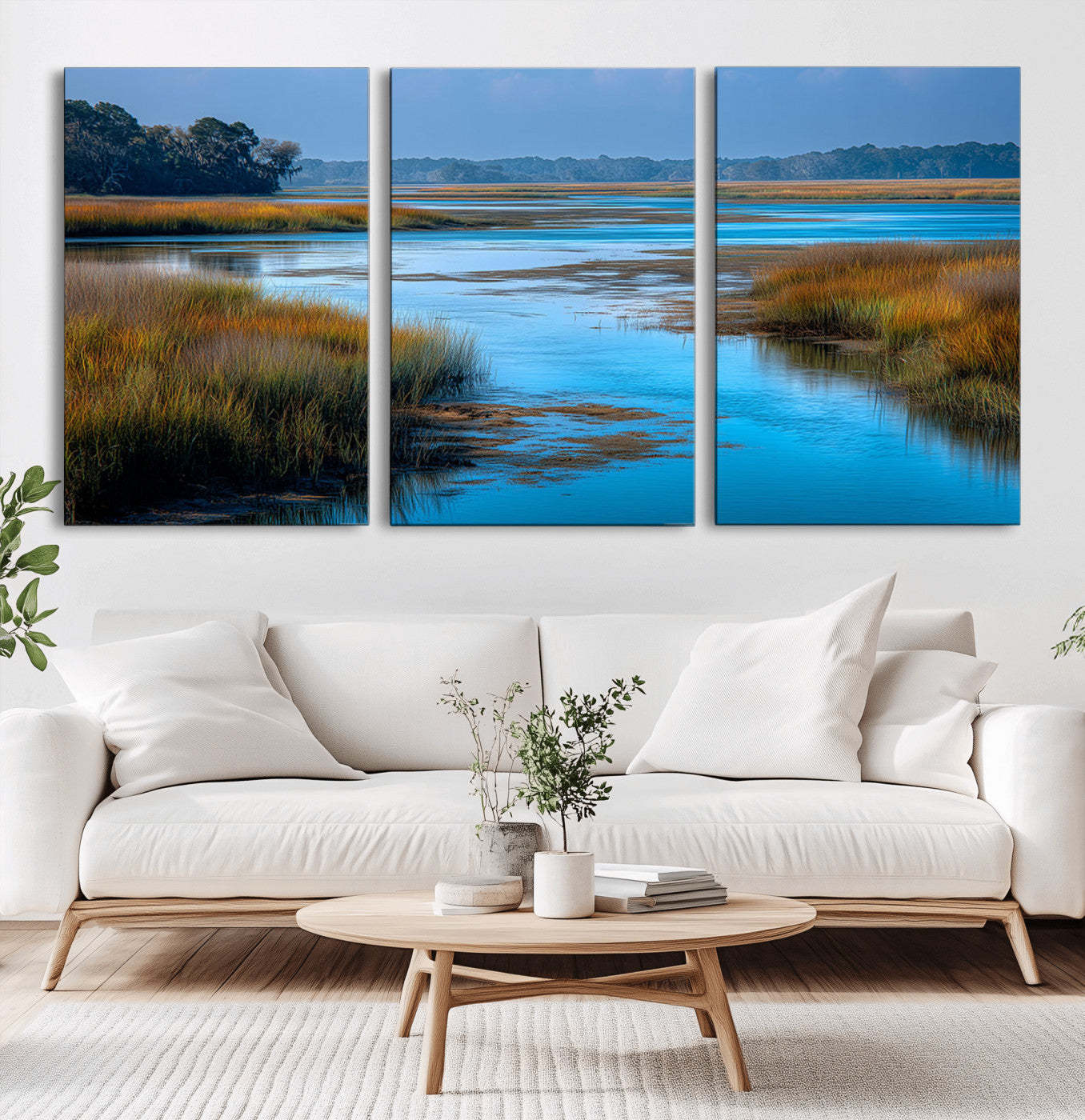 26300004-MGV-CV-36X24-Marshland Landscape Wall Art – Scenic Nature Canvas Print with Golden Grass and Blue Water, Peaceful River Photography for Living