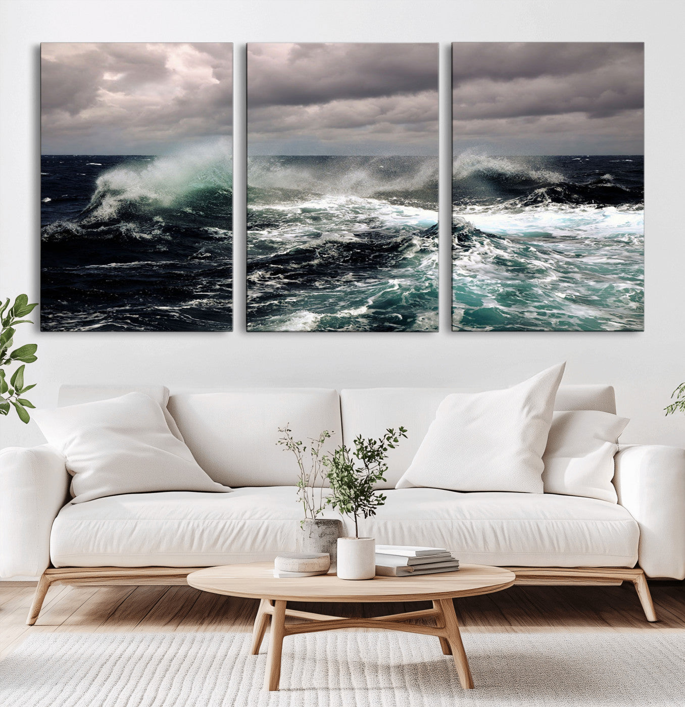 38622353-MGV-CV-60X30-3P-Stormy Ocean Waves Canvas Wall Art – Framed Turbulent Sea Print, Large Nature Canvas for Coastal, Living Room, or Office Spaces