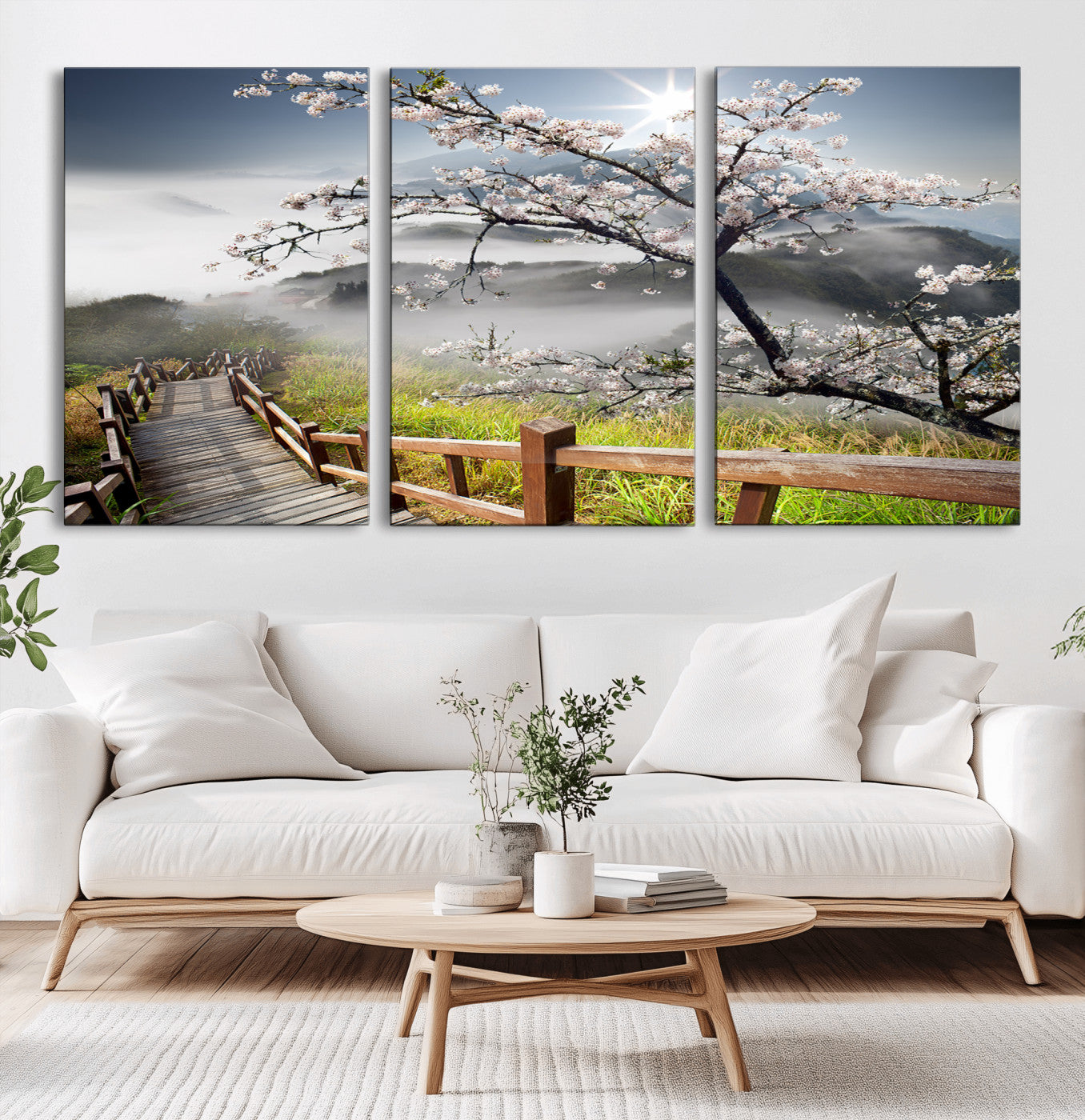 34632598CRY-MGV-CV-60X30-3P-Sakura Cherry Blossom Pathway Canvas Wall Art – Tranquil Walk Through Blossoming Nature – Ready to Hang