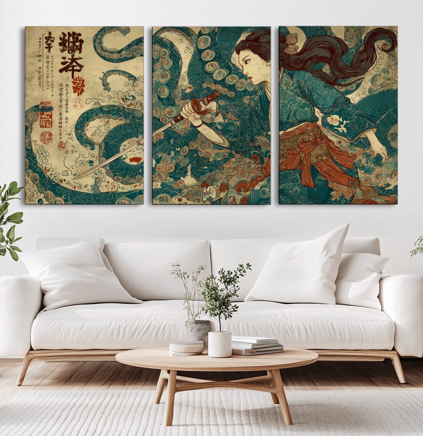 46837670-MGV-CV-60X30-3P-Tsukioka Yoshitoshi Samurai Wall Art Print, Japanese Katana Warrior Canvas Wall Art, Octopus Sea Monster Canvas Print,