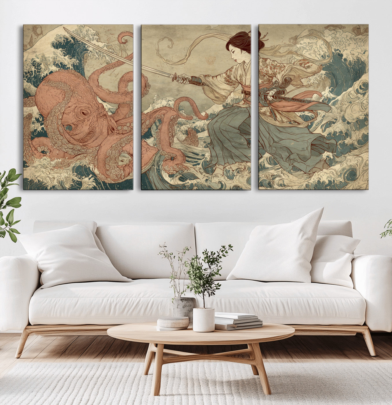 54879547-MGV-CV-60X30-3P-Tsukioka Yoshitoshi Samurai Wall Art Print, Japanese Katana Warrior Canvas Wall Art, Octopus Sea Monster Canvas Print,