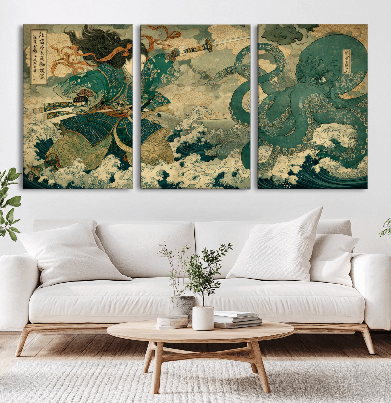 24416422-MGV-CV-36X24-Samurai vs Octopus Wall Art – Japanese Warrior Ocean Battle Canvas Print, Ukiyo e Inspired Decor for Home, Office, or Man Cave