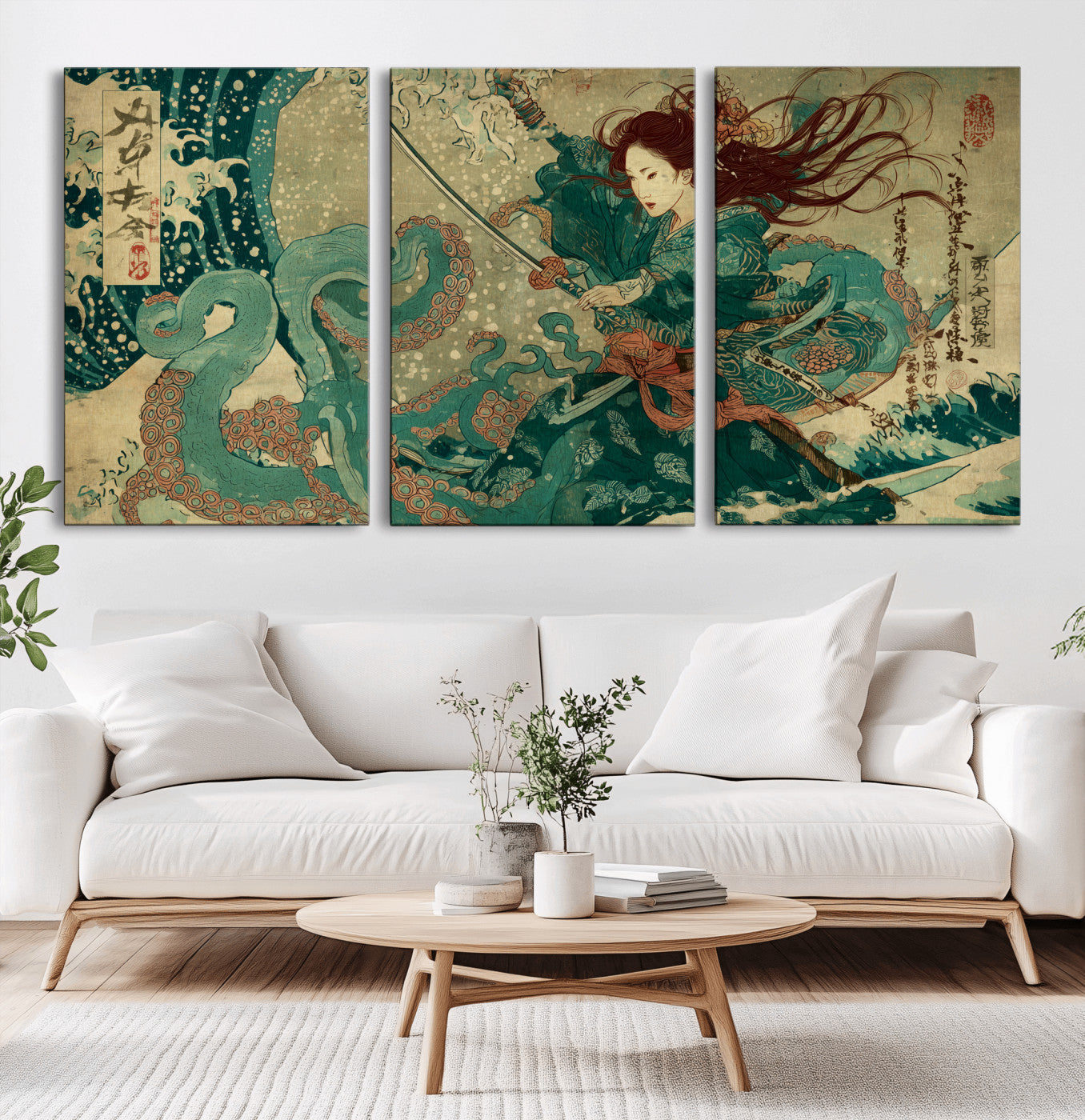 86918027-MGV-CV-36X24-Samurai Warrior vs Octopus Wall Art – Japanese Ukiyo-e Ocean Battle Canvas Print, Traditional Samurai Artwork for Living Room,