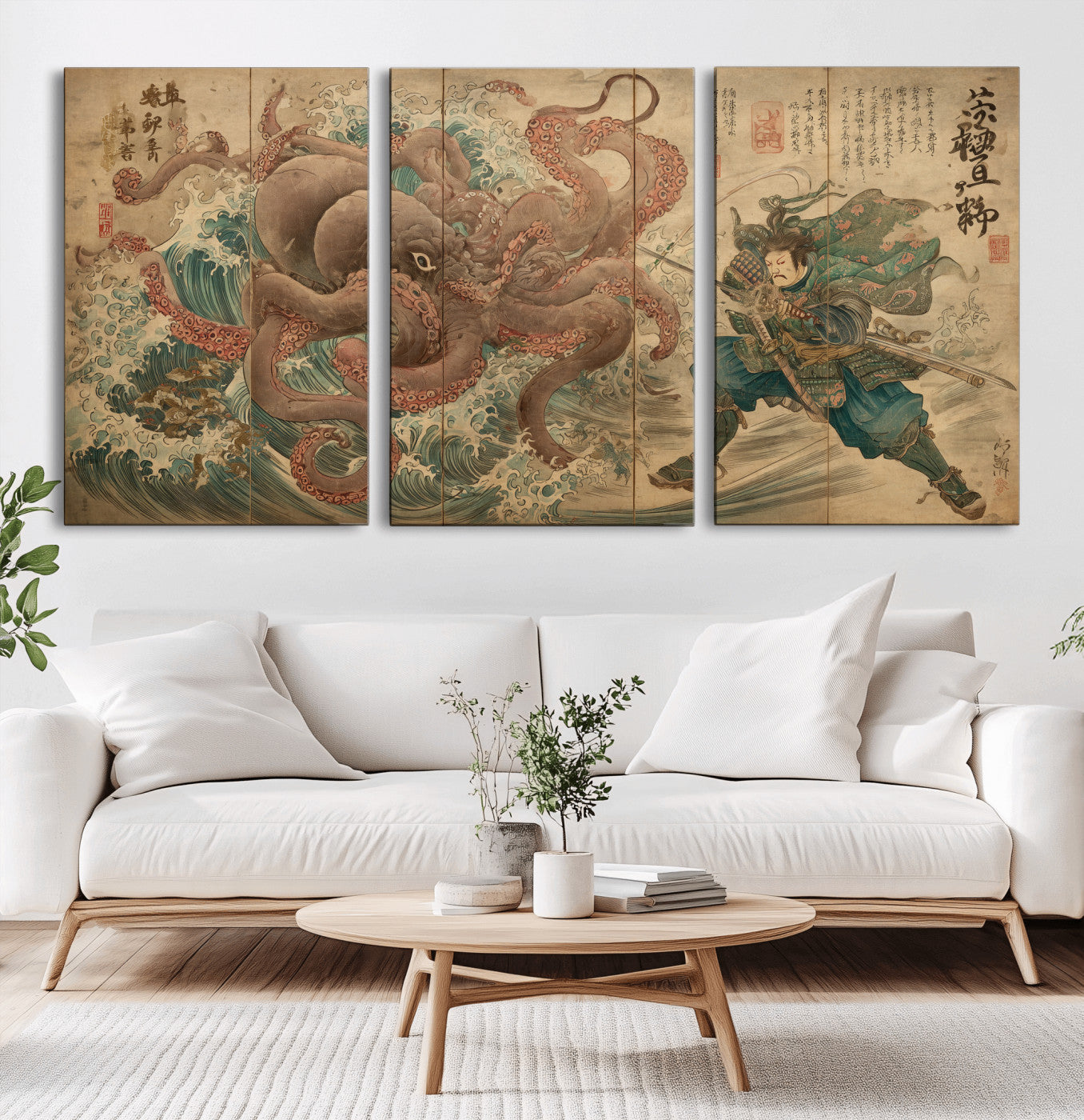 63782167-MGV-CV-60X30-3P-Tsukioka Yoshitoshi Samurai Wall Art Print, Japanese Katana Warrior Canvas Wall Art, Octopus Sea Monster Canvas Print,