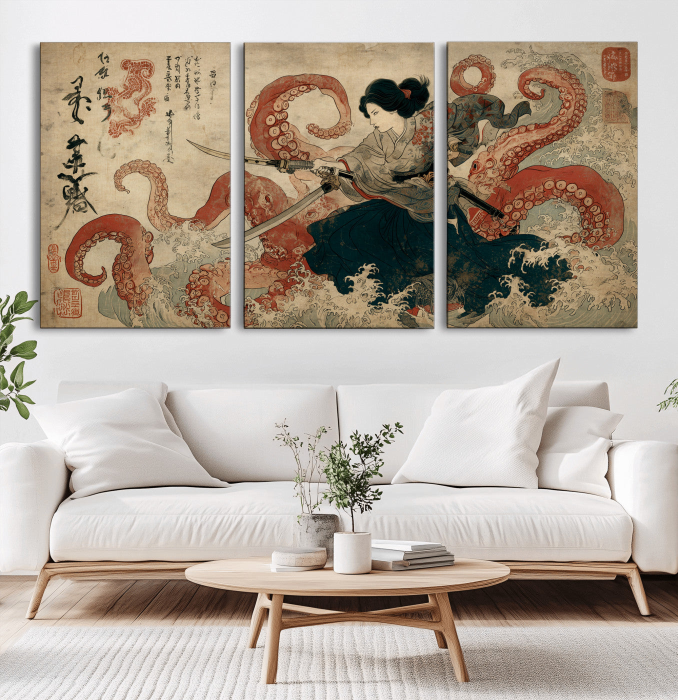 50812504-MGV-CV-60X30-3P-Tsukioka Yoshitoshi Samurai Wall Art Print, Japanese Katana Warrior Canvas Wall Art, Octopus Sea Monster Canvas Print,