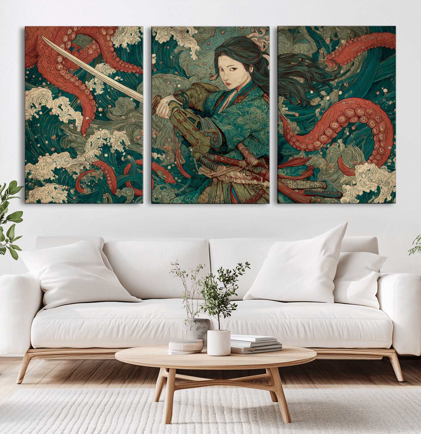 35461724-MGV-CV-36X24-Samurai Woman vs Octopus Wall Art – Japanese Ukiyo-e Ocean Waves Canvas Print, Red Tentacle Battle Artwork for Living Room,