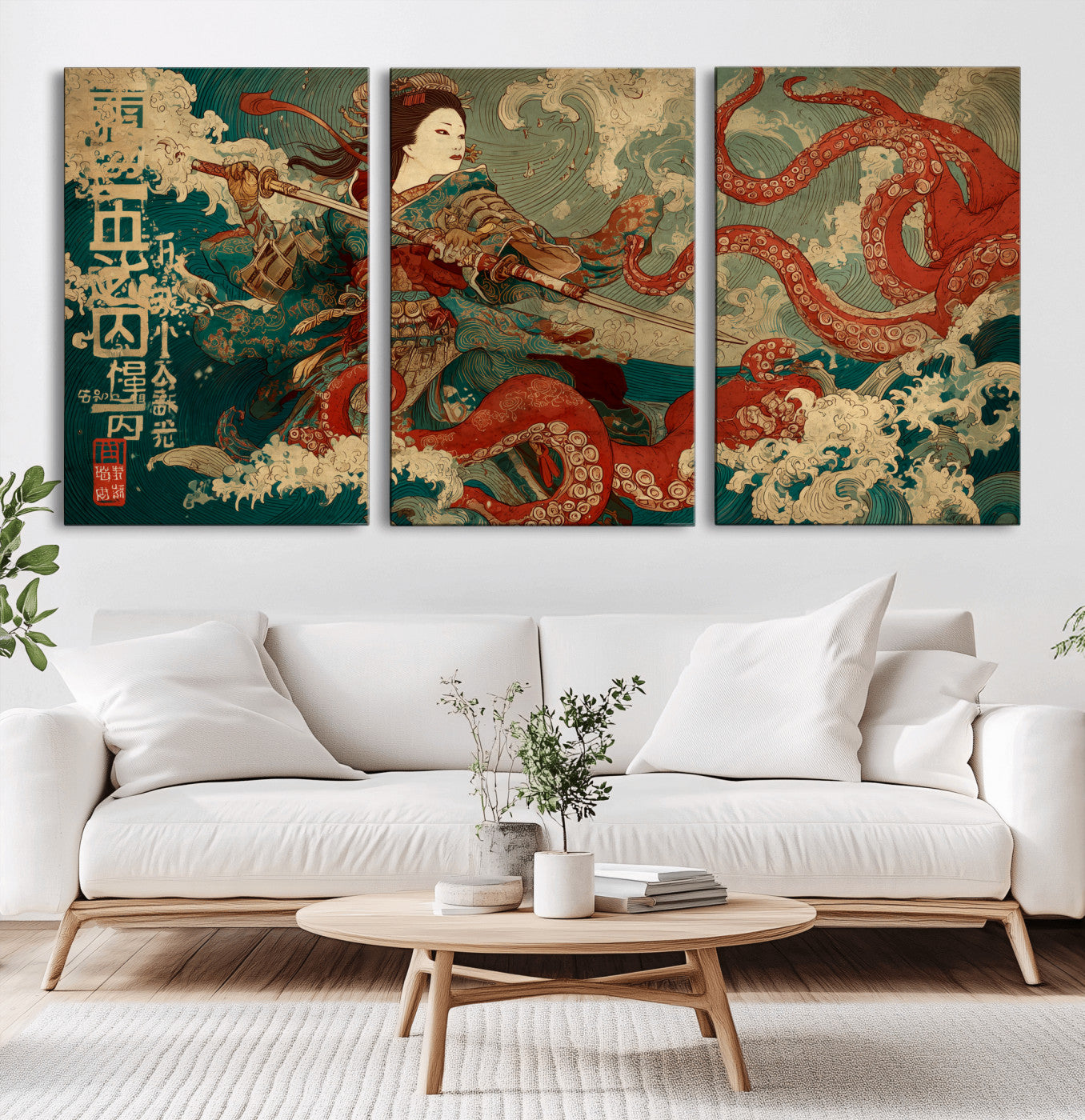 60201267-MGV-CV-36X24-Samurai Woman vs Octopus Wall Art – Japanese Ukiyo-e Armor Canvas Print, Red Tentacle Ocean Battle Artwork for Living Room,