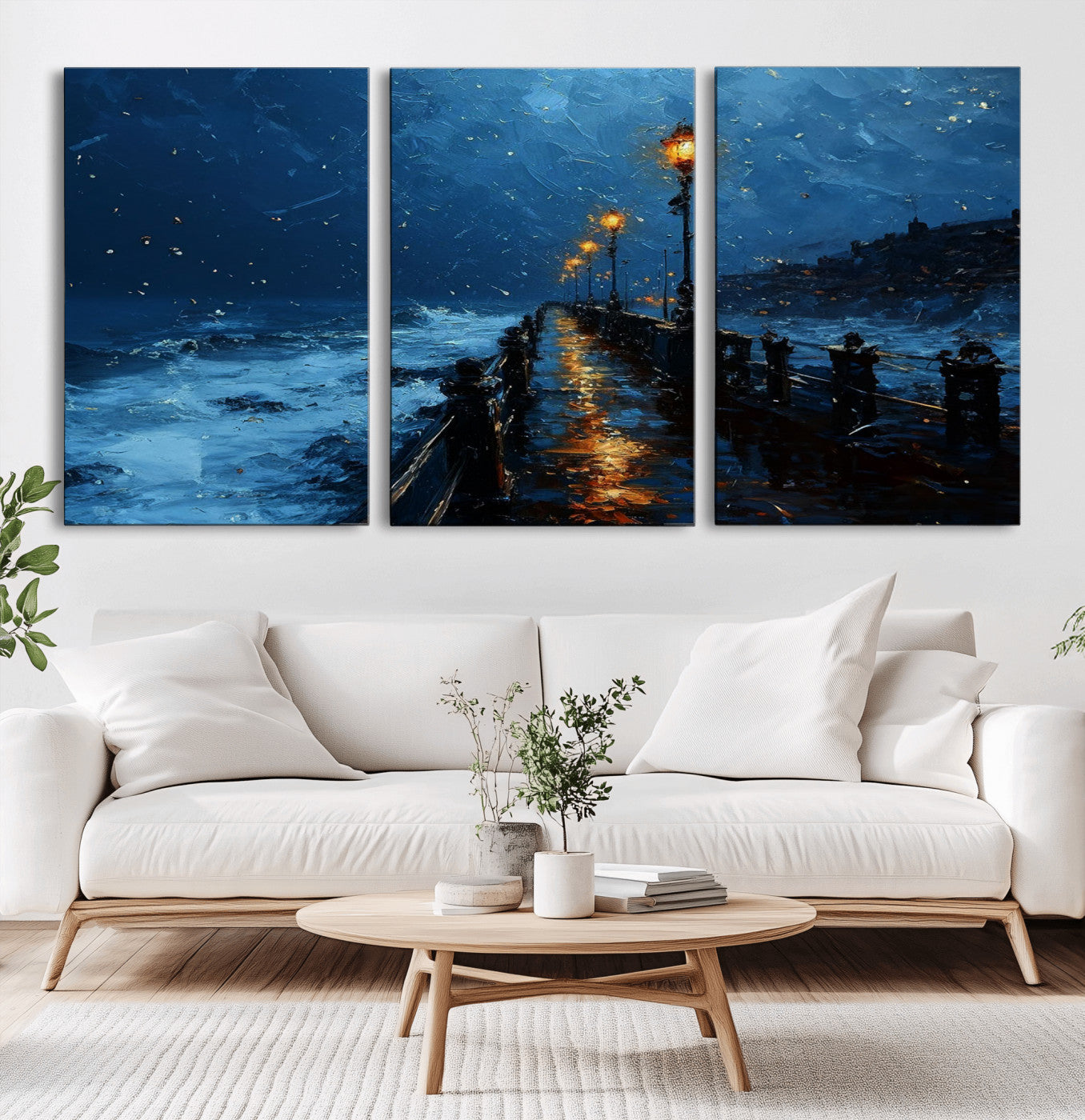 48300530-MGV-CV-60X30-3P-Dark Stormy Pier Canvas Wall Art – Moody Ocean Night Scene with Street Lamps, Blue Coastal Seascape Print for Bedroom, Office, or