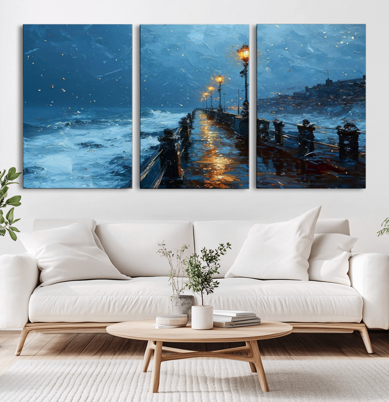 93793246-MGV-CV-36X24-Stormy Night Pier Canvas Wall Art – Moody Ocean Landscape with Lights, Blue Coastal Seascape Print for Bedroom, Living Room,