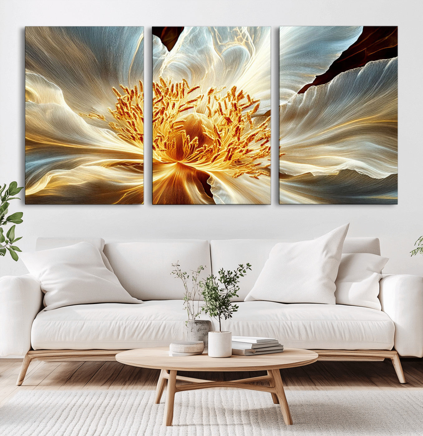 20862576-MGV-CV-36X24-Golden Abstract Flower Canvas Wall Art – Modern Botanical Bloom Print, Elegant Floral Artwork for Living Room, Bedroom, Office