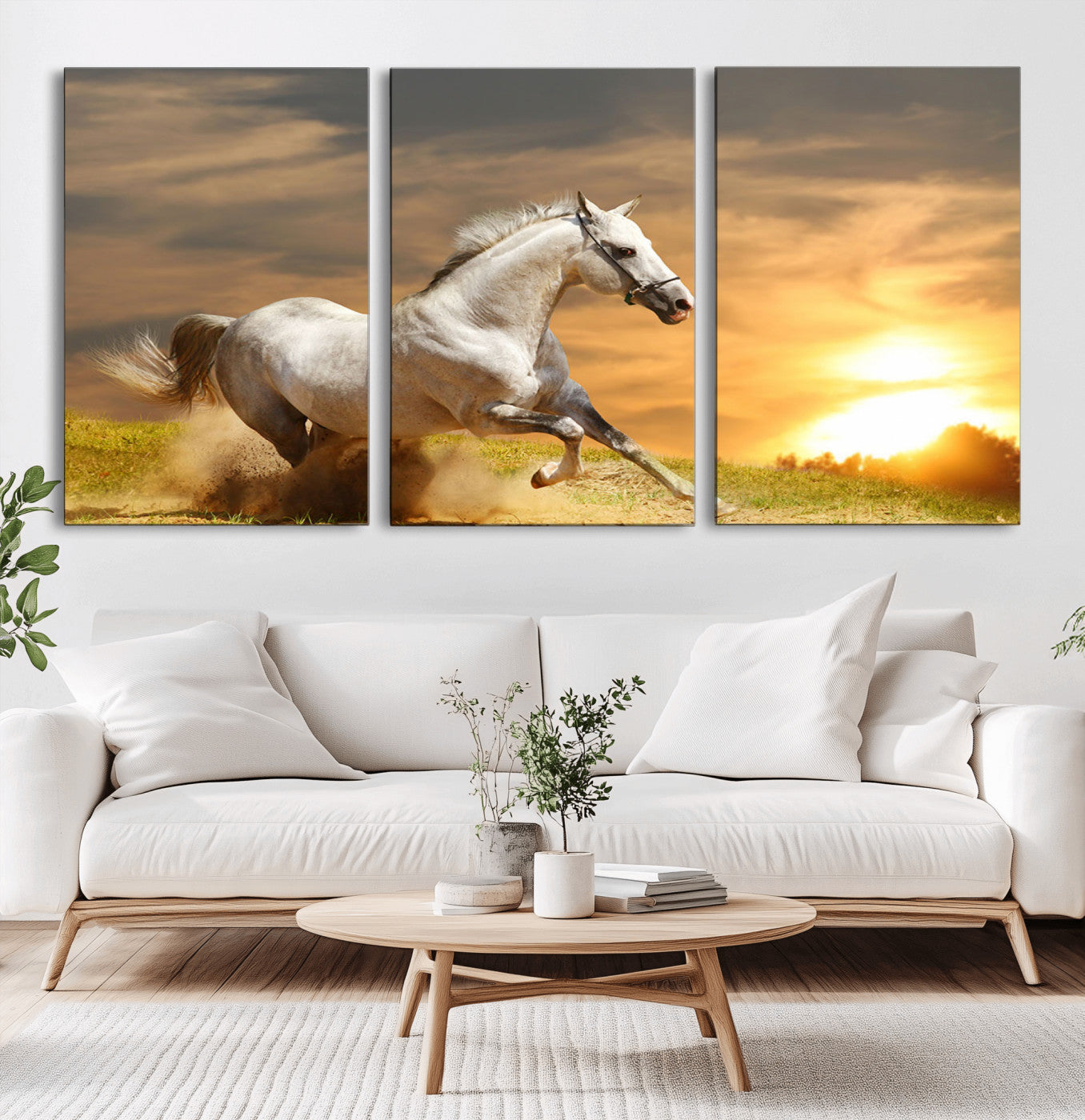 67478480-MGV-CV-36X24-White Horse Running at Sunset Wall Art – Majestic Equestrian Photography Print, Rustic Farmhouse Decor, Golden Sky Horse Lover