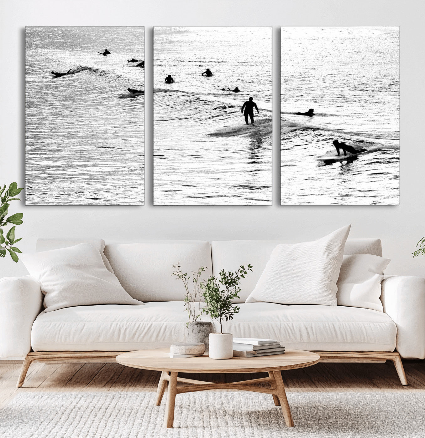 68018616-MGV-CV-36X24-Black and White Surf Photography Print – Minimalist Ocean Wall Art, Surfers Riding Waves, Coastal Beach Decor for Modern Home or