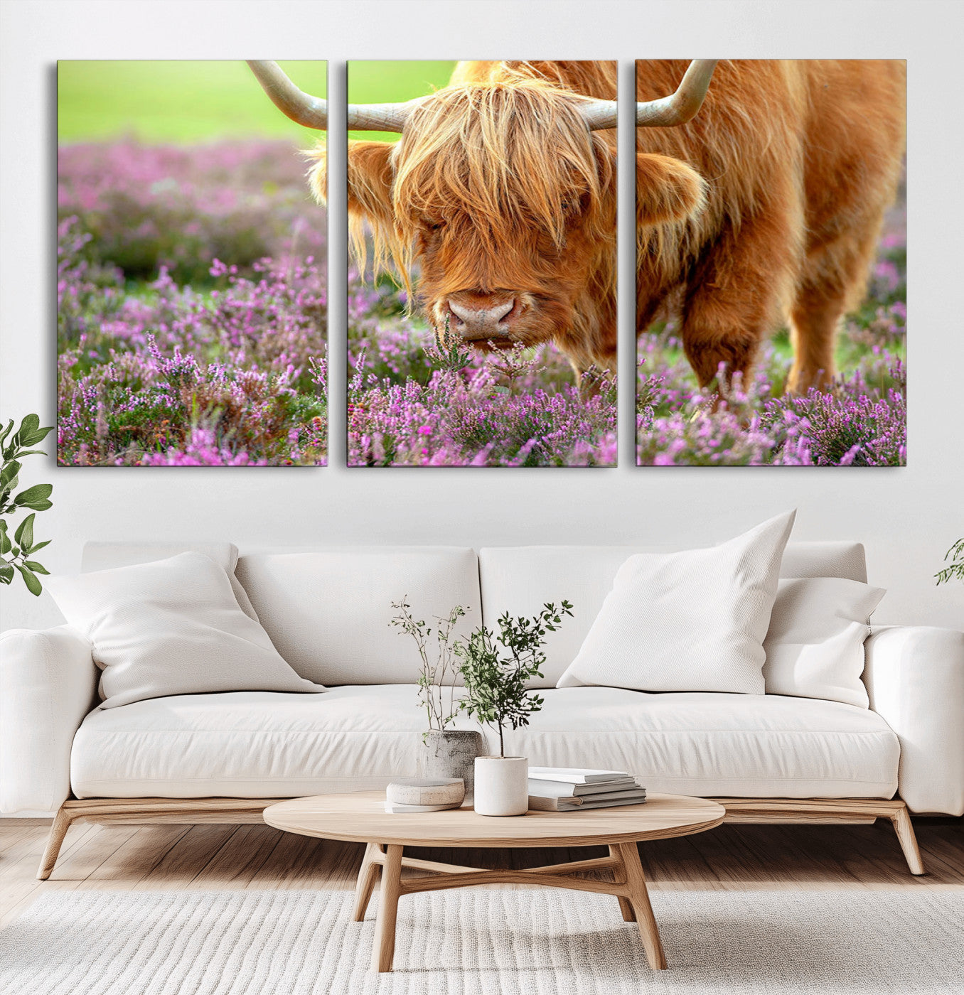 64069351-MGV-CV-36X24-Farmhouse Wall Art – Highland Cow in Wildflowers Canvas Print, Rustic Country Cattle Photography Decor for Bedroom, Living Room,