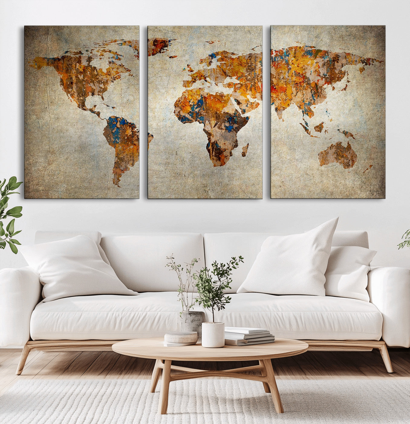MGV-CV-60X30-3P - Rustic World Map Wall Art Canvas Print, Framed Orange World Map Art Picture Print, Antique Style Map Perfect Vintage Explorer Decor Artwork