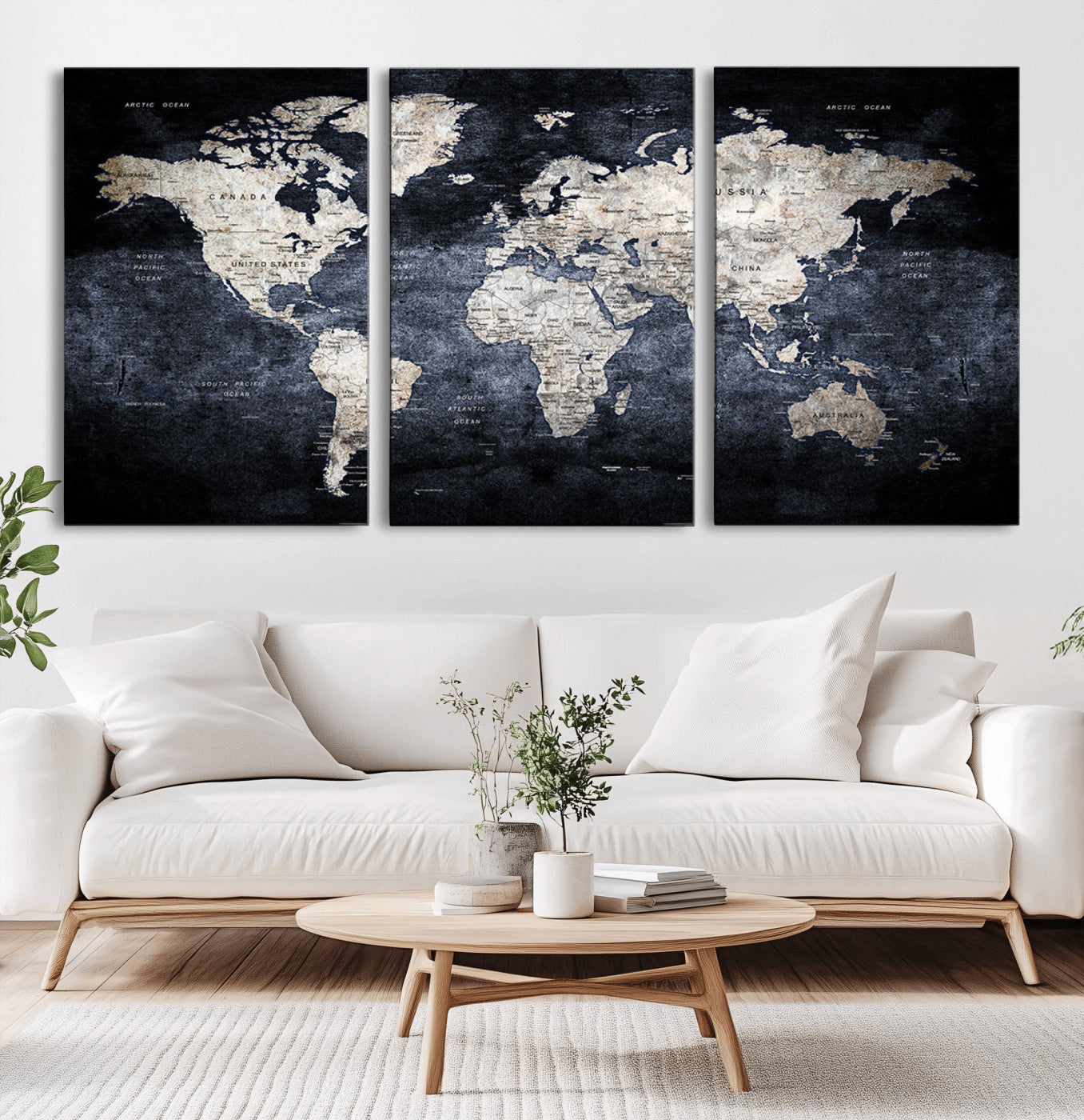 MGV-CV-60X30-3P - Vintage World Map Wall Art Canvas Print, Framed Dark Atlas Art Picture Print, Classic Globe Perfect Rustic Explorer Decor Artwork