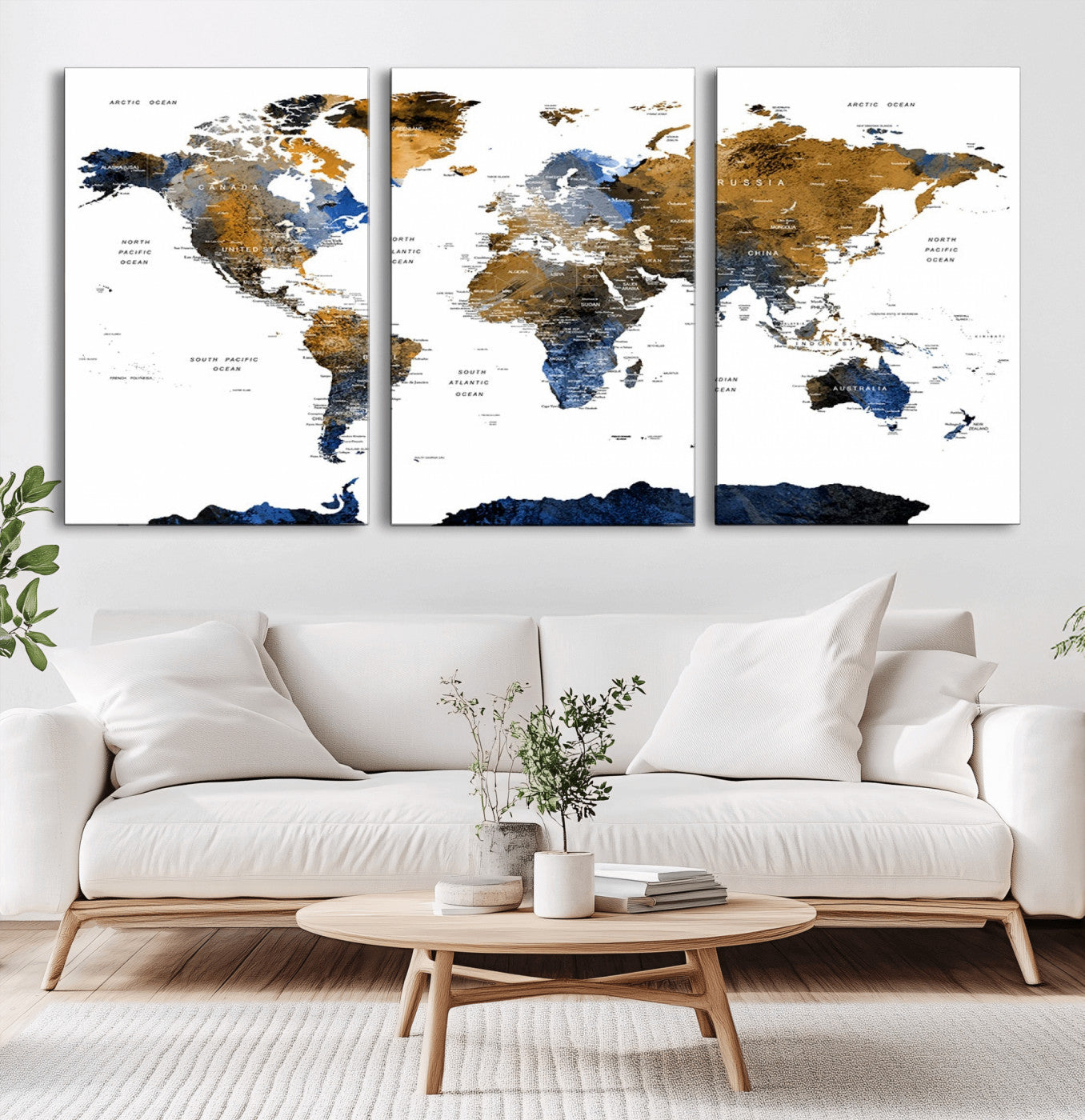 MGV-CV-60X30-3P - World Map Wall Art Canvas Print, Framed Blue Gold Map Art Picture Print, Rustic Atlas Perfect Rustic Modern Decor Artwork