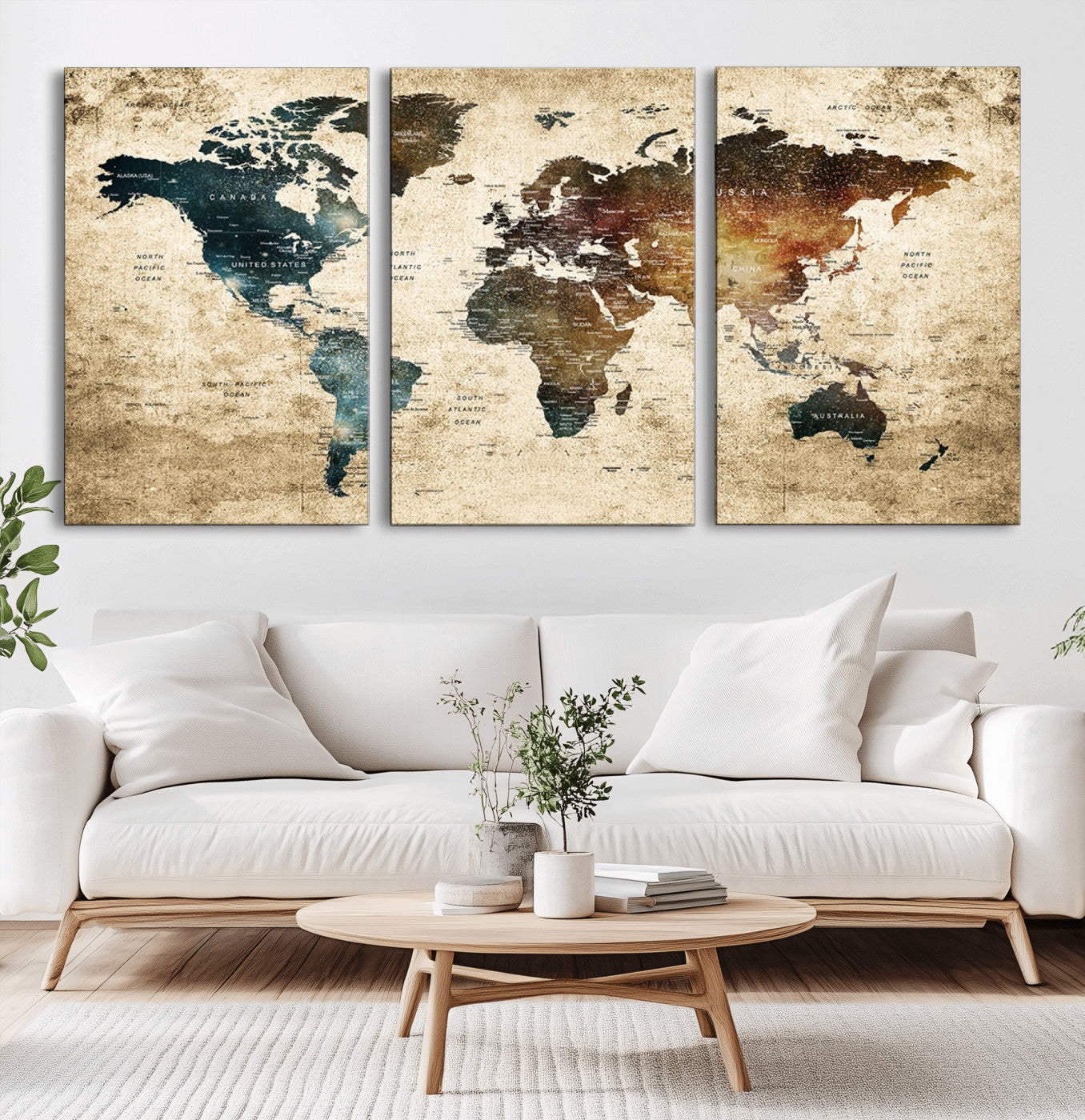 MGV-CV-60X30-3P - Rustic World Map Wall Art Canvas Print, Framed Vintage Map Art Picture Print, Grunge Atlas Perfect Moody Rustic Decor Artwork