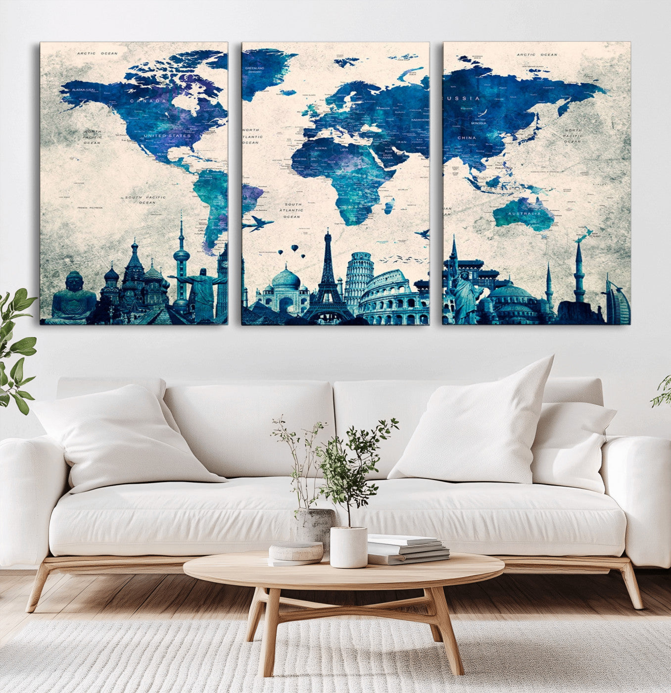 MGV-CV-60X30-3P - Blue World Map Wall Art Canvas Print, Framed Iconic Landmarks Art Picture Print, Blue Globe Map Perfect Elegant Explorer Decor Artwork