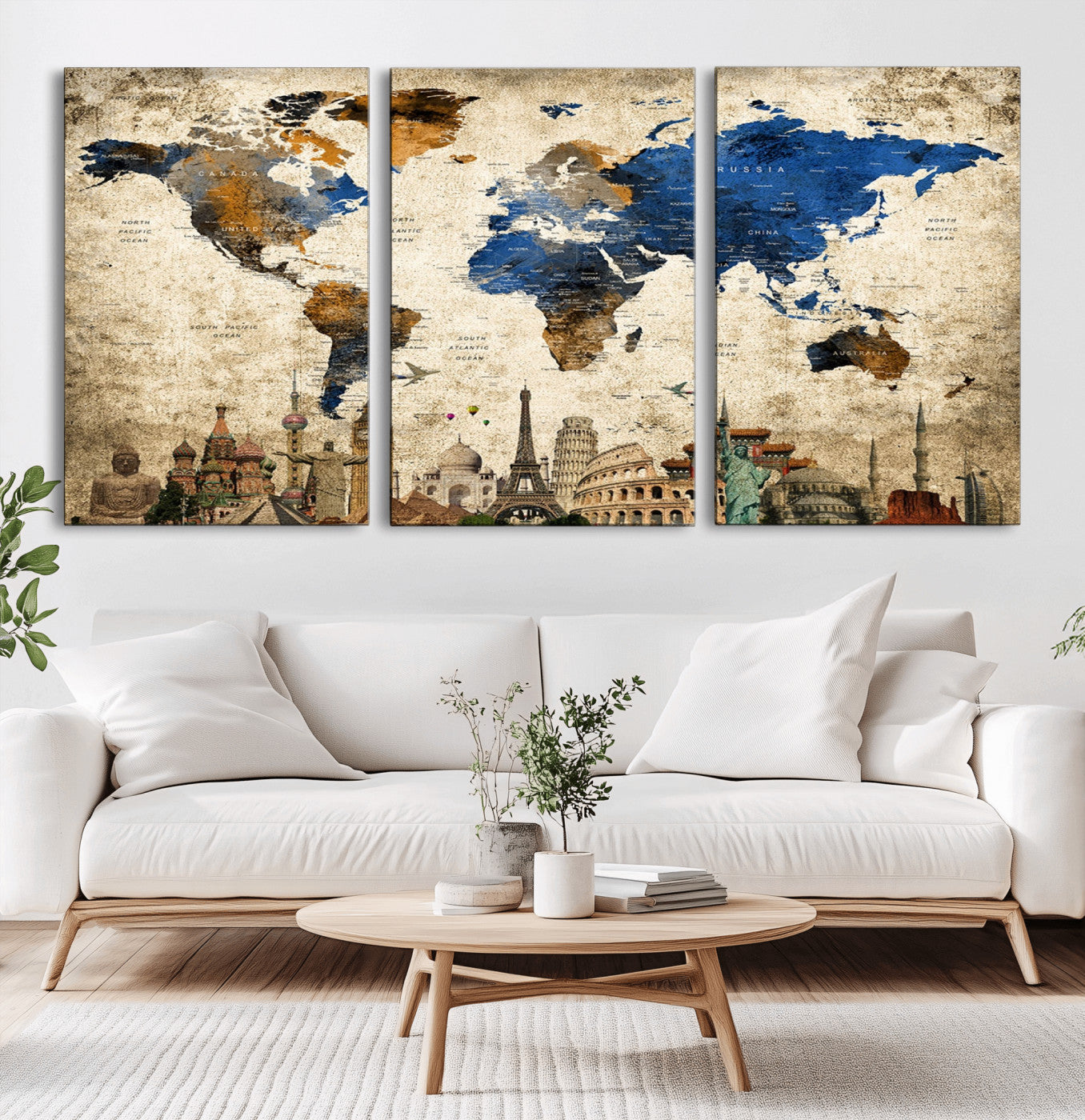 MGV-CV-60X30-3P - Vintage World Map Wall Art Canvas Print, Framed Cultural Map Art Picture Print, World Landmarks Perfect Cultural Vintage Decor Artwork