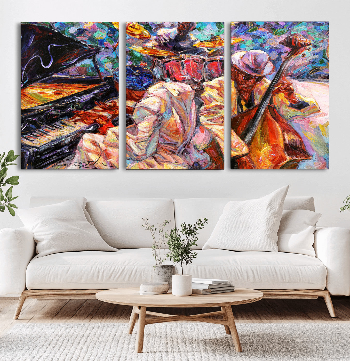 13675-MGV-CV-36X24-Jazz Band Wall Art Canvas Print, Framed Jazz Oil Painting Art Picture Print, Vibrant Music Perfect Abstract Musical Decor Artwork