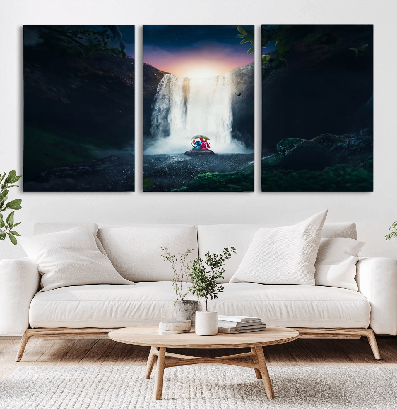 56359-MGV-CV-36X24-Lilo Stitch Wall Art Canvas Print, Framed Stitch Angel Art Picture Print, Cartoon Waterfall Perfect Tropical Fantasy Decor Artwork