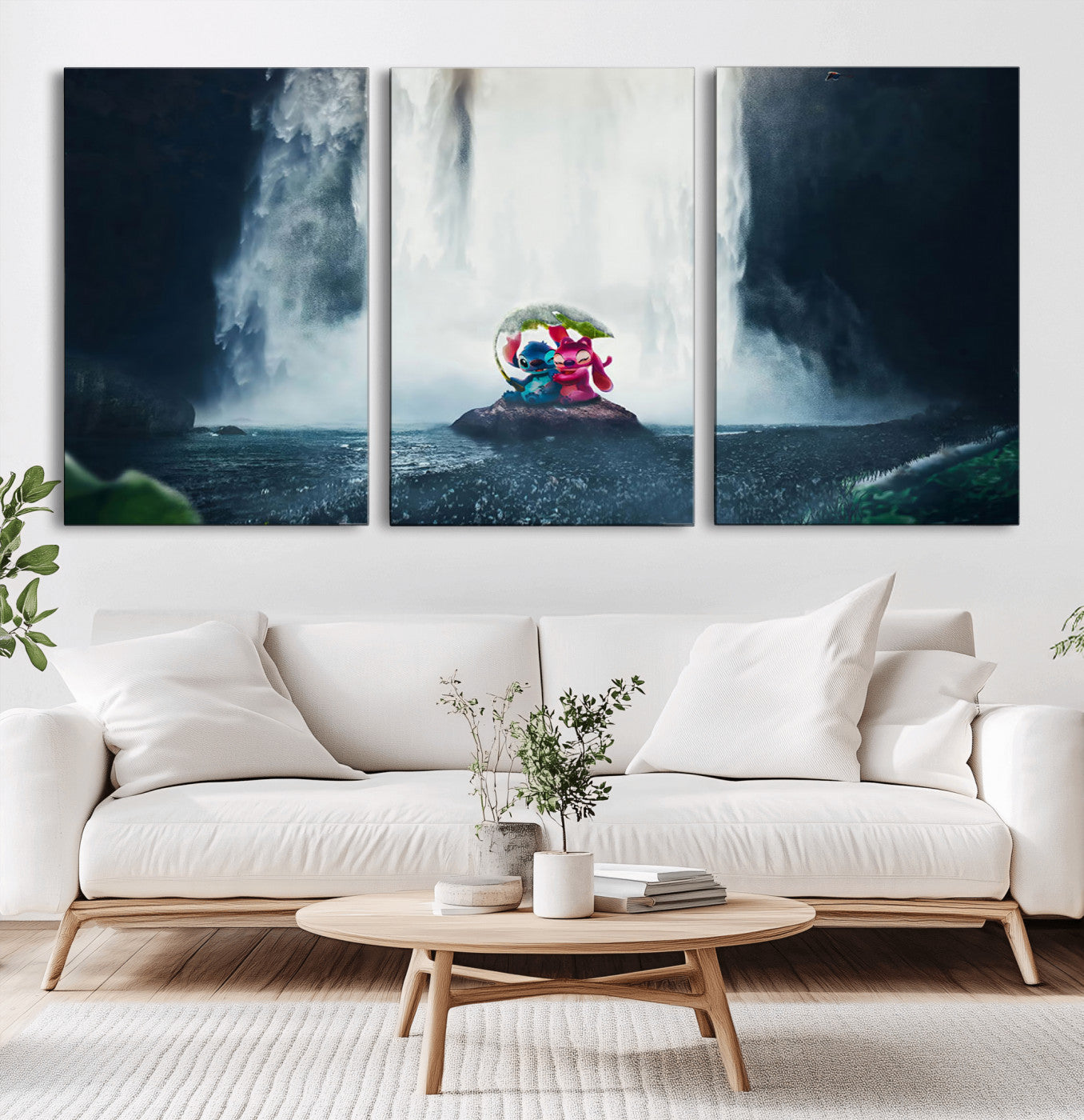 32259-MGV-CV-36X24-Stitch Angel Wall Art Canvas Print, Framed Stitch Waterfall Art Picture Print, Cartoon Couple Perfect Moody Fantasy Decor Artwork