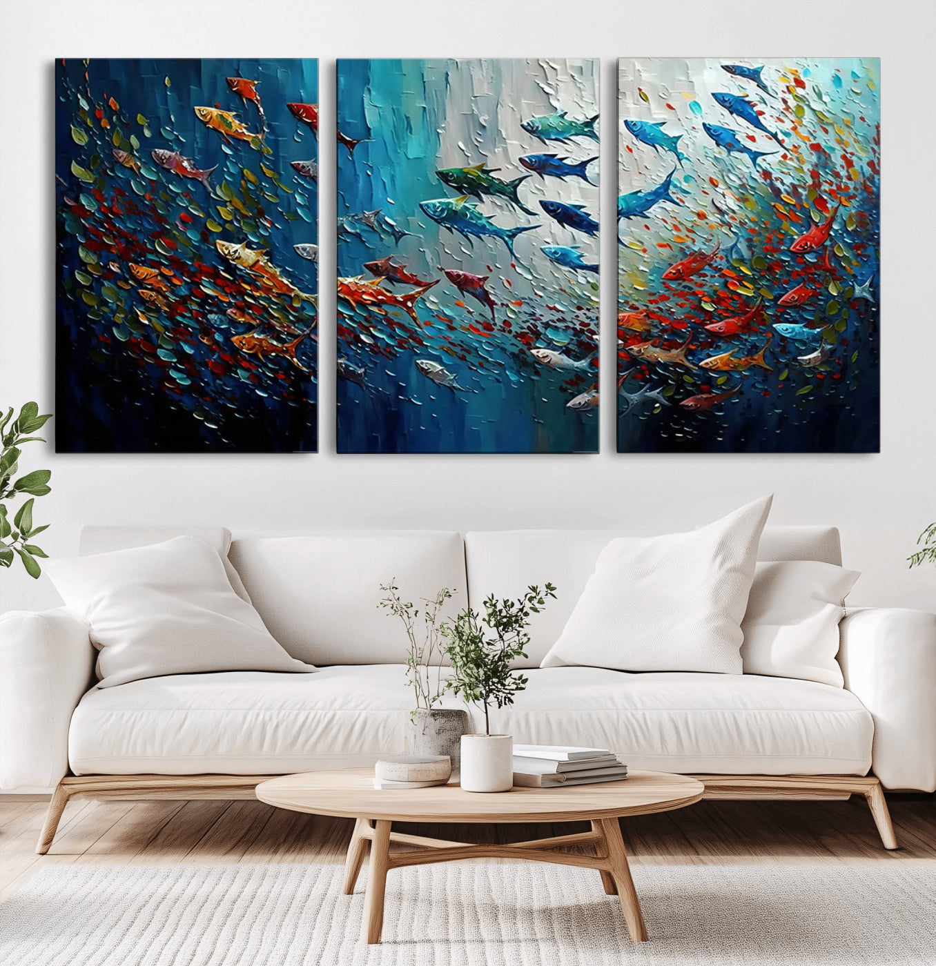 89626-MGV-CV-60X30-3P-Fish Swarm Wall Art Canvas Print, Framed Abstract Ocean Art Picture Print, Underwater Life Perfect Vibrant Coastal Decor Artwork
