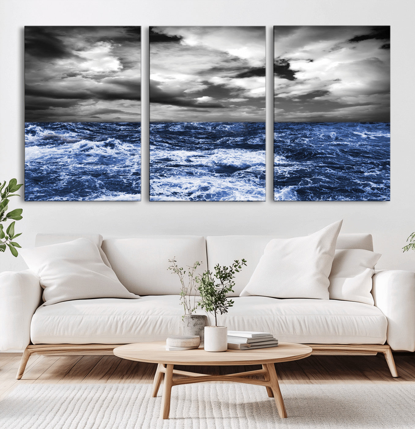 91043-MGV-CV-60X30-3P-Stormy Ocean Wall Art Canvas Print, Framed Moody Seascape Art Picture Print, Monochrome Sea Perfect Coastal Drama Decor Artwork