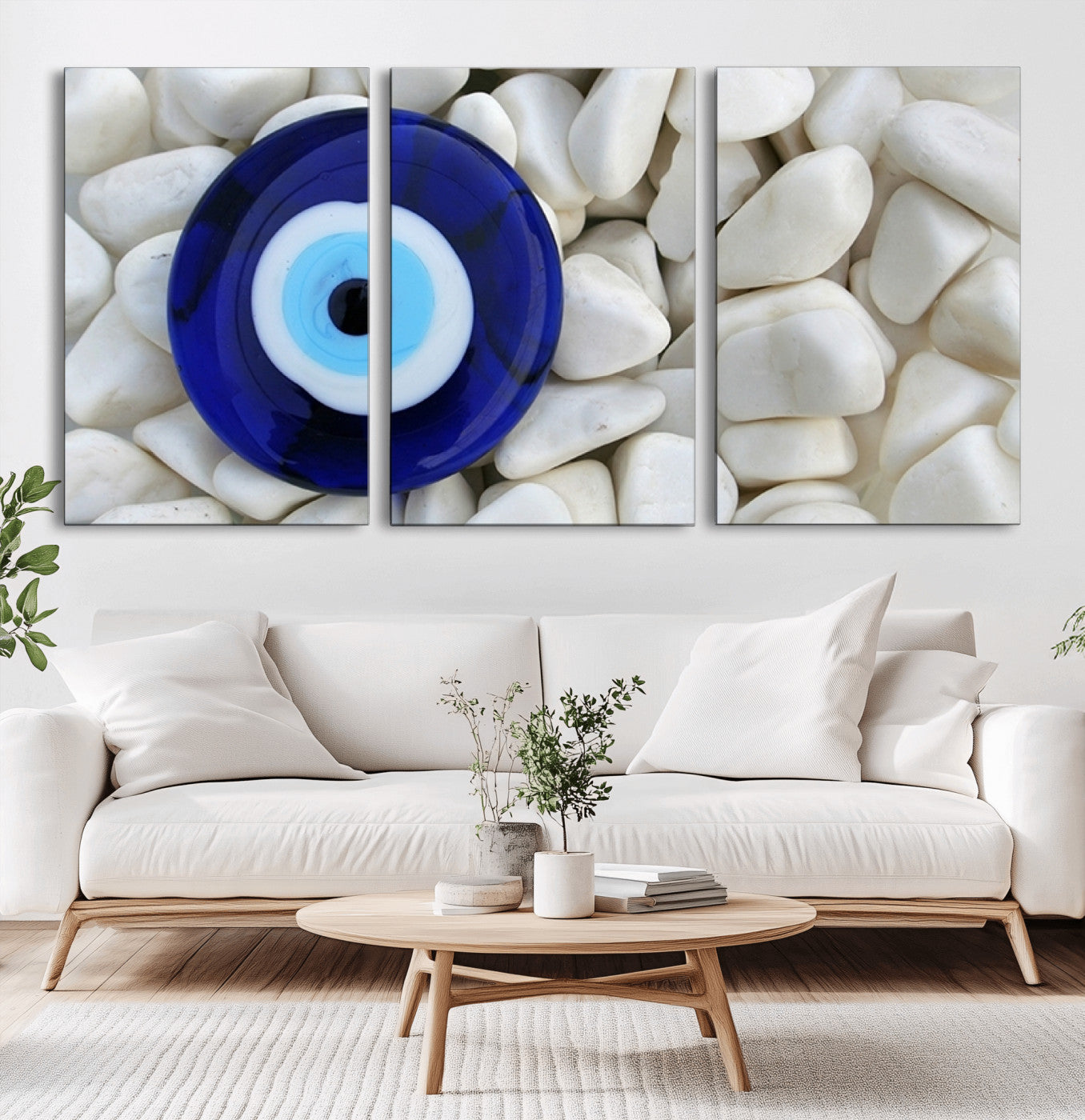 48883-MGV-CV-36X24-Evil Eye Wall Art – Deep Blue Symbol of Presence and Calm on White Stones, Subtle Spiritual Decor for Entryway, Studio, Office or