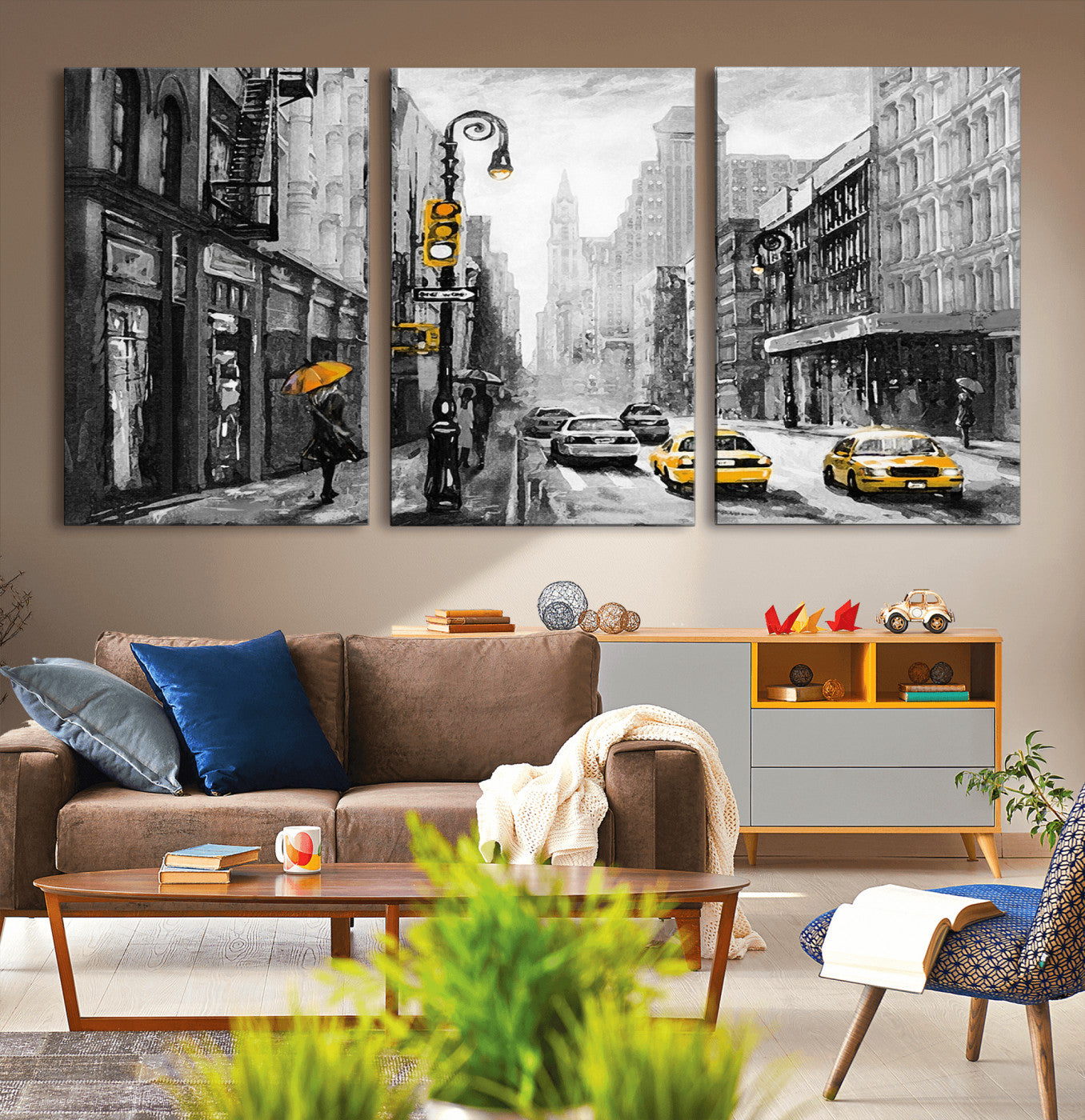 32362-MGV-CV-36X24-NYC Street Wall Art – Black and White Cityscape with Yellow Taxis and Umbrella Canvas Print, Urban Home Decor for Living Room or