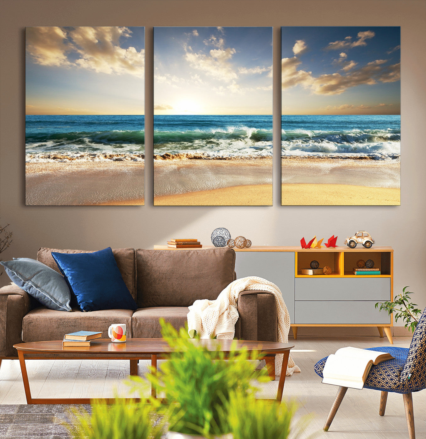 13139-MGV-CV-36X24-Sunrise Beach Wall Art – Ocean Waves and Golden Sand Canvas Print, Coastal Home Decor for Living Room, Bedroom, or Office