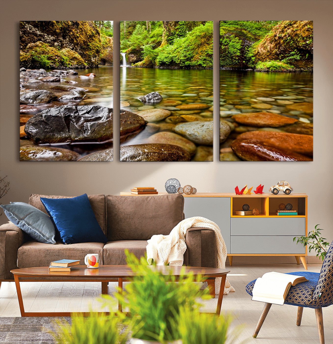 98096-MGV-CV-36X24-Serene River Waterfall Nature Photo – Calm Clear Water, Vibrant Green Forest and Smooth Stones Landscape Wall Art for Home or