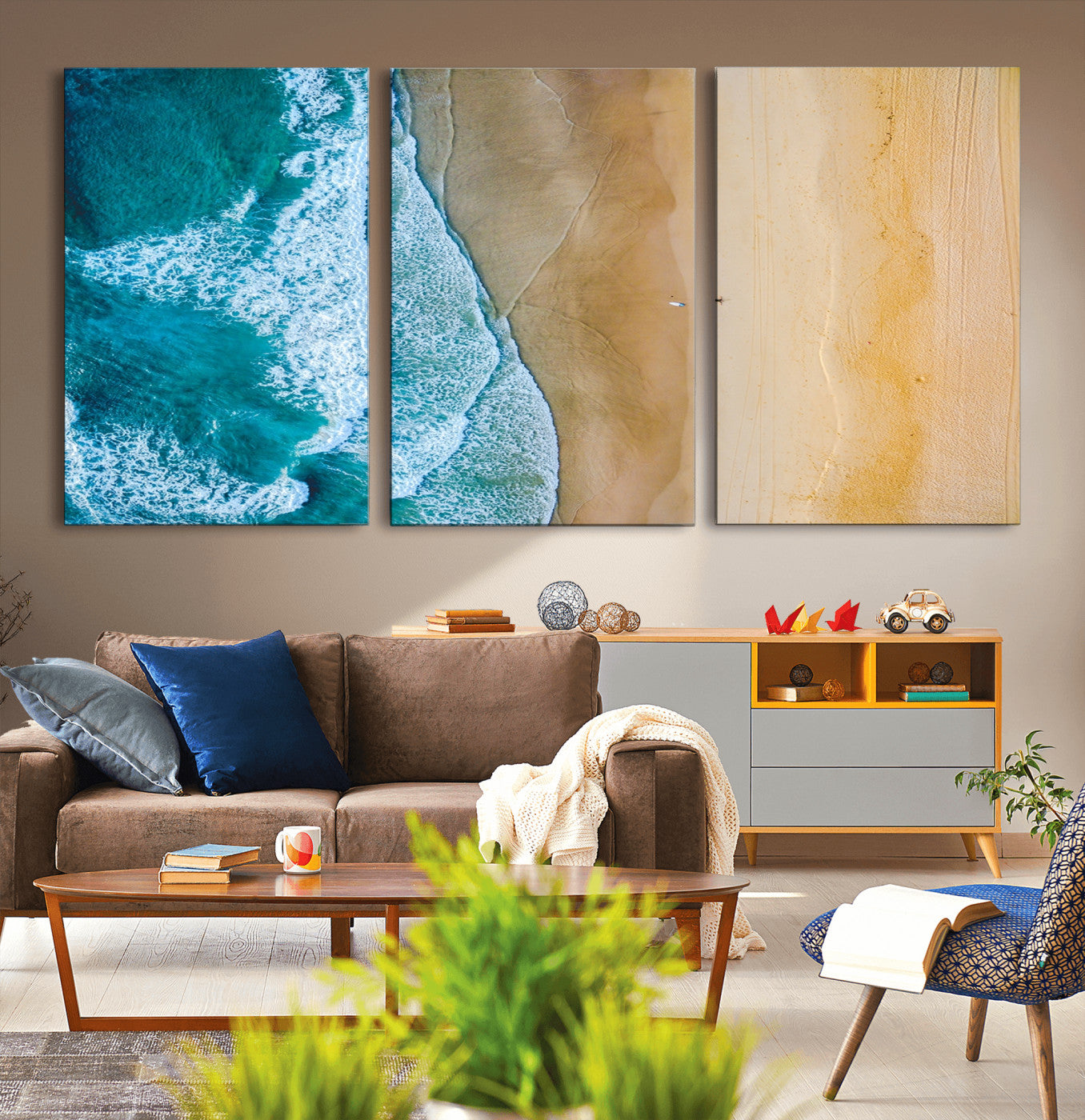 46640-MGV-CV-36X24-Aerial Beach Wall Art – Turquoise Waves and Golden Sand Canvas Print with Lone Surfer, Coastal Ocean Decor for Living Room,