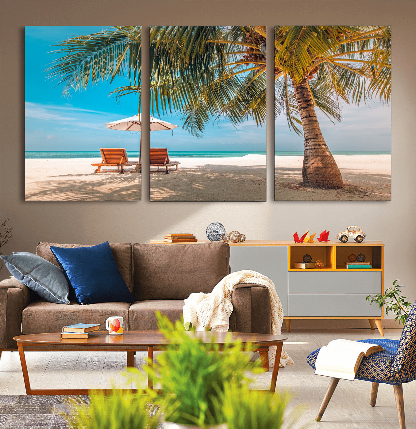 69754-MGV-CV-36X24-Tropical Beach Wall Art – Relaxing Palm Tree and Lounge Chairs Canvas Print, Serene Coastal Decor for Living Room, Bedroom, Office