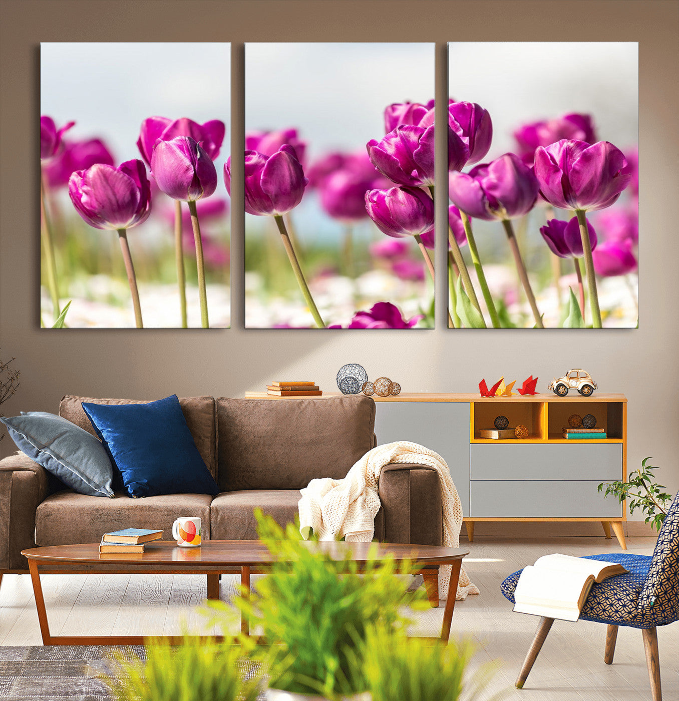 30632-MGV-CV-36X24-Purple Tulip Field Wall Art – Beautiful Spring Flowers Canvas Print with Soft Focus and Bright Sky, Ideal Floral Decor for Home or