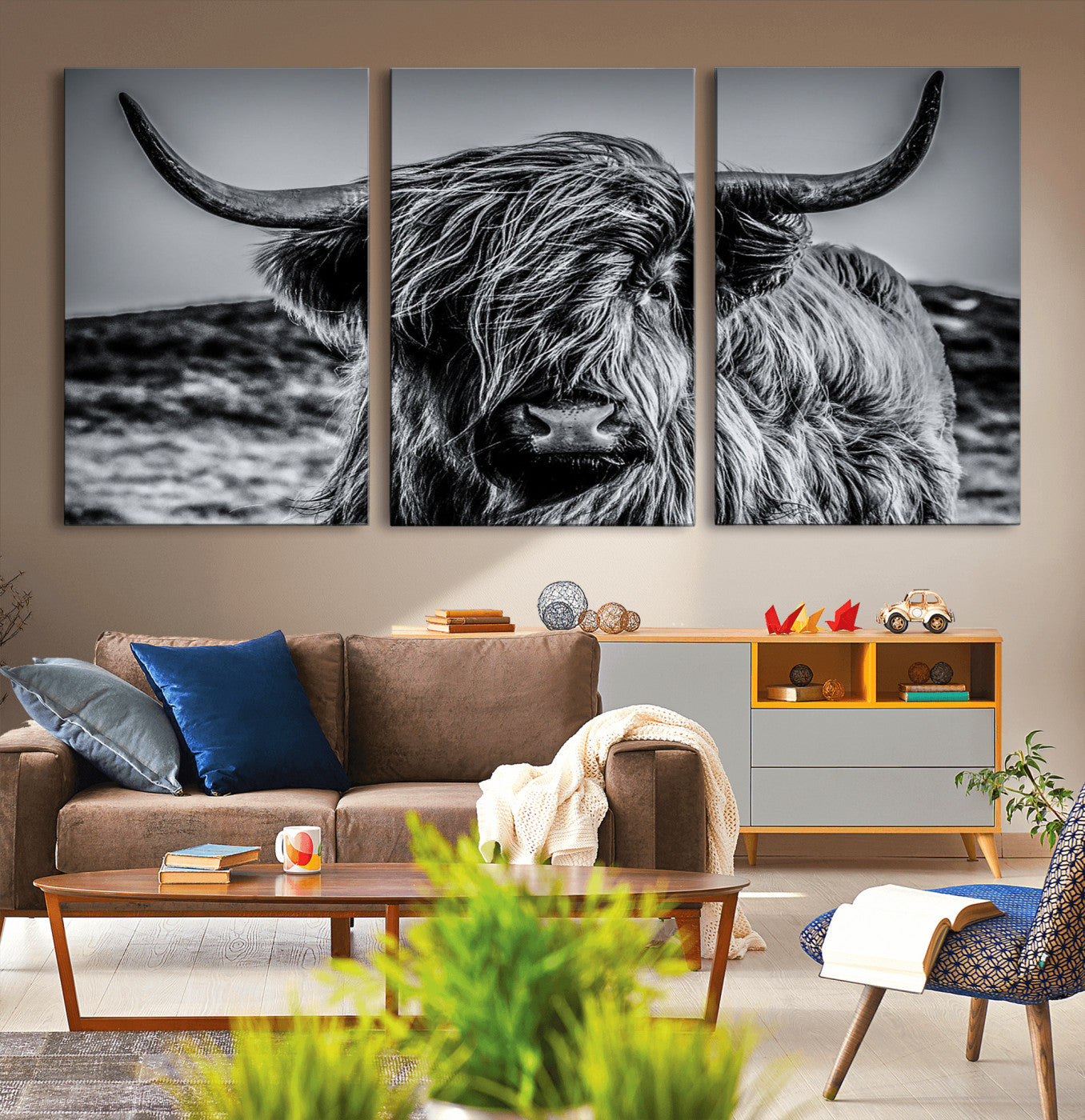 97372-MGV-CV-36X24-Elegant Highland Cow Wall Art – Black and White Canvas Print, Rustic Nature Decor for Home, Office, Living Room or Man Cave