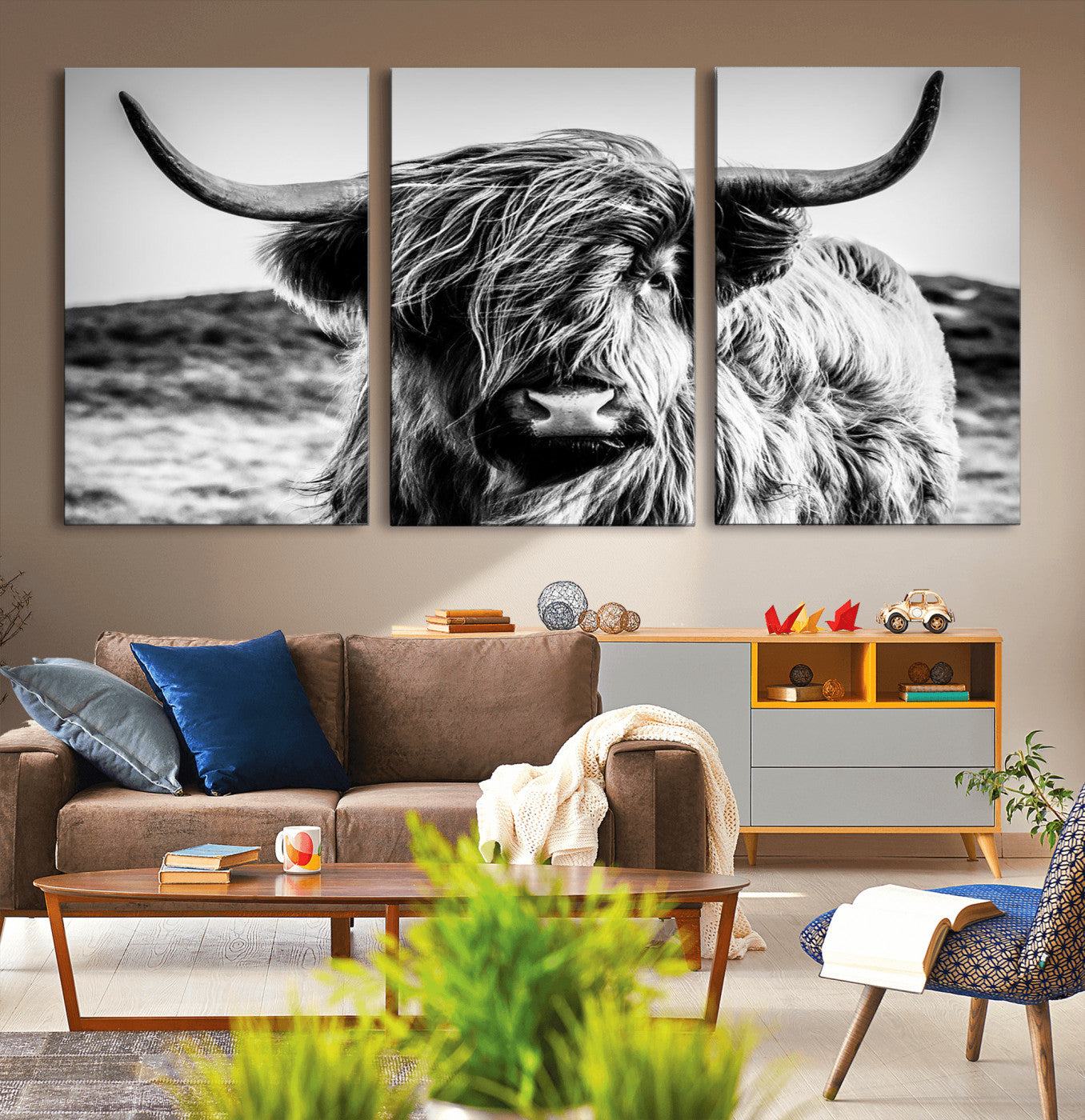 36979-MGV-CV-36X24-Striking black-and-white portrait of a Highland cow with flowing fur and majestic horns, perfect for rustic and elegant home or