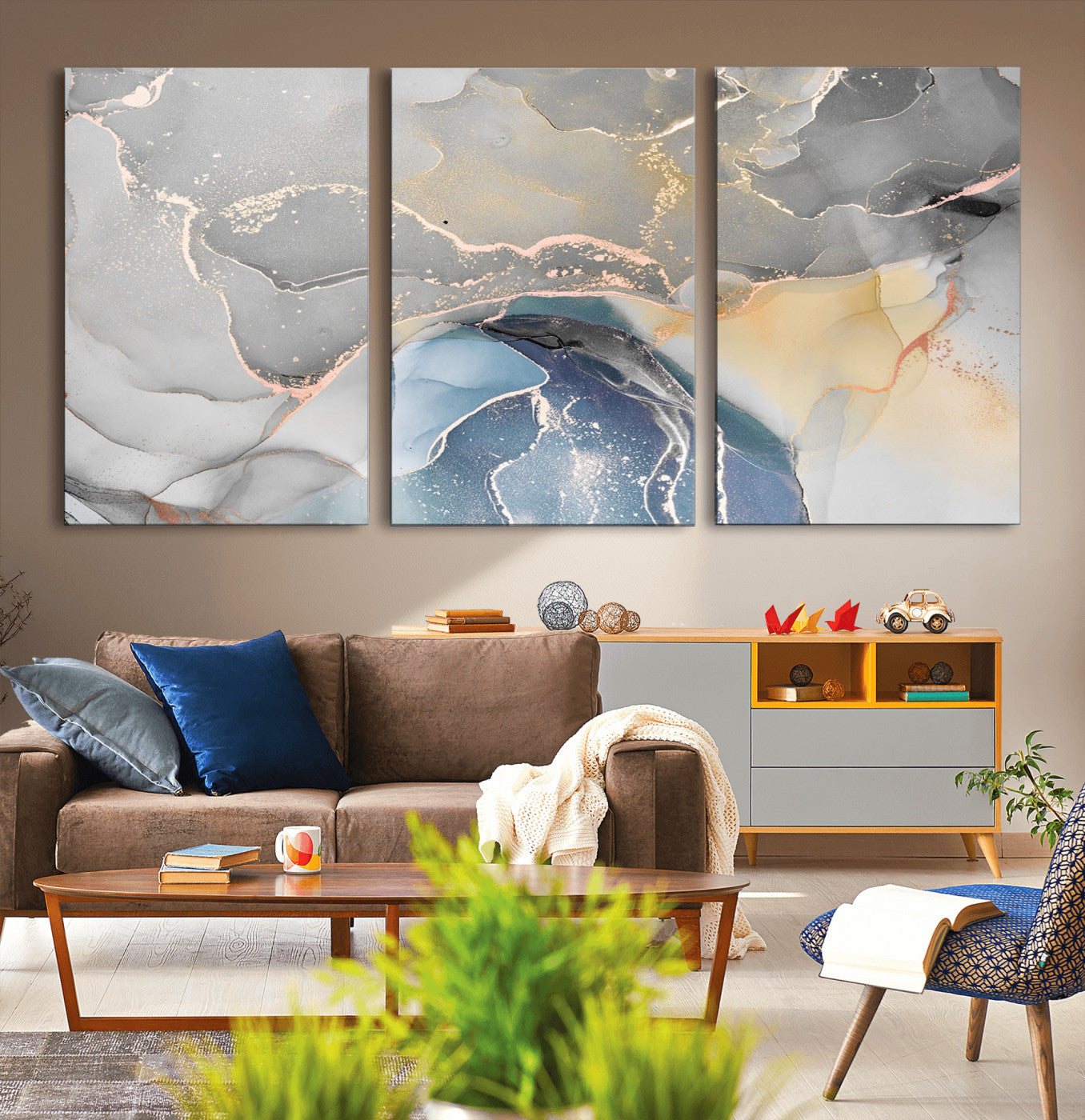 63211-MGV-CV-60X30-3P-Abstract Fluid Art Wall Decor – Blue, Gray & Gold Canvas Print, Modern Home and Office Wall Art Decor for Living Room, Bedroom or
