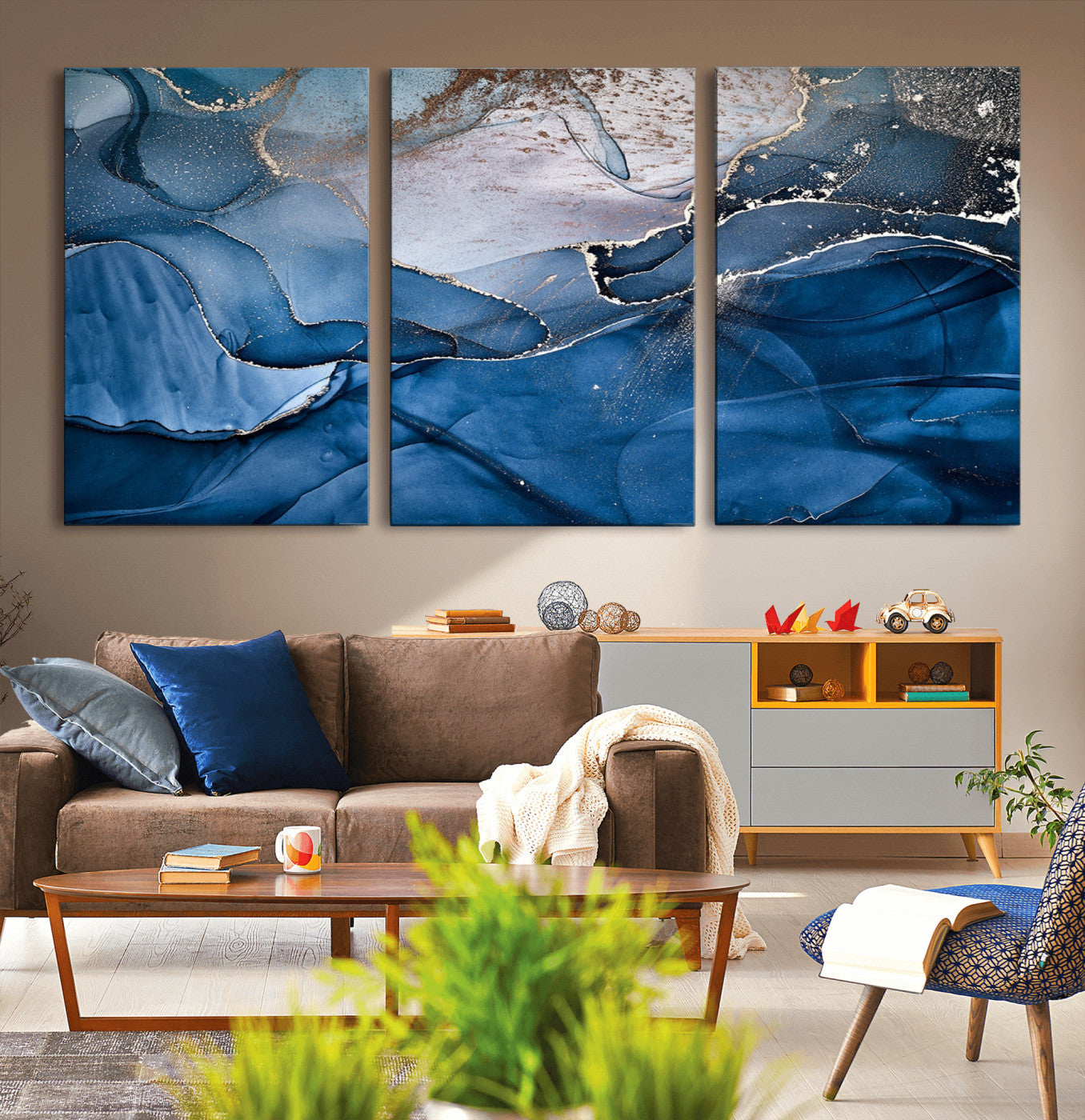 27810-MGV-CV-36X24-Abstract Blue Gold Fluid Art Wall – Modern Canvas Print, Elegant Home & Office Wall Art, Stylish Living Room or Bedroom Decor