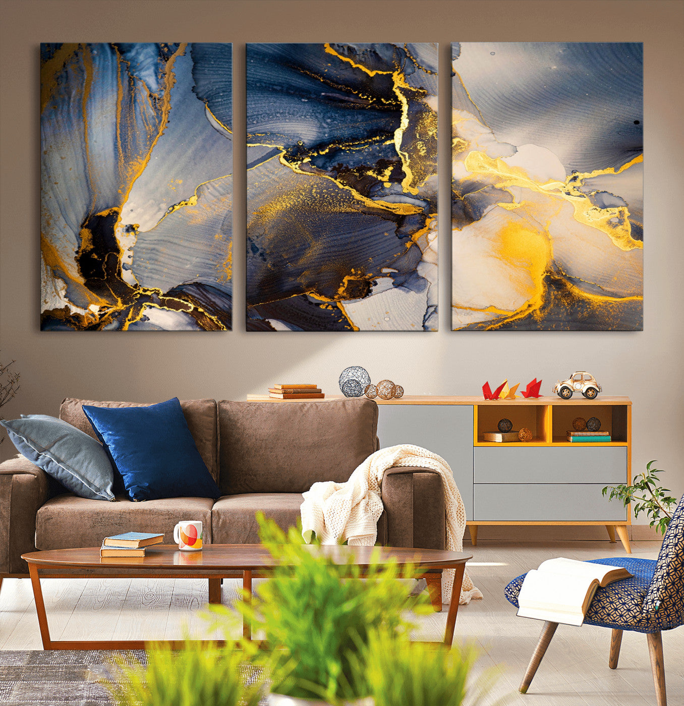 42100-MGV-CV-36X24-Golden Flow Abstract Wall Art – Panoramic Modern Blue and Gold Canvas Print, Contemporary Artistic Decor for Home, Office