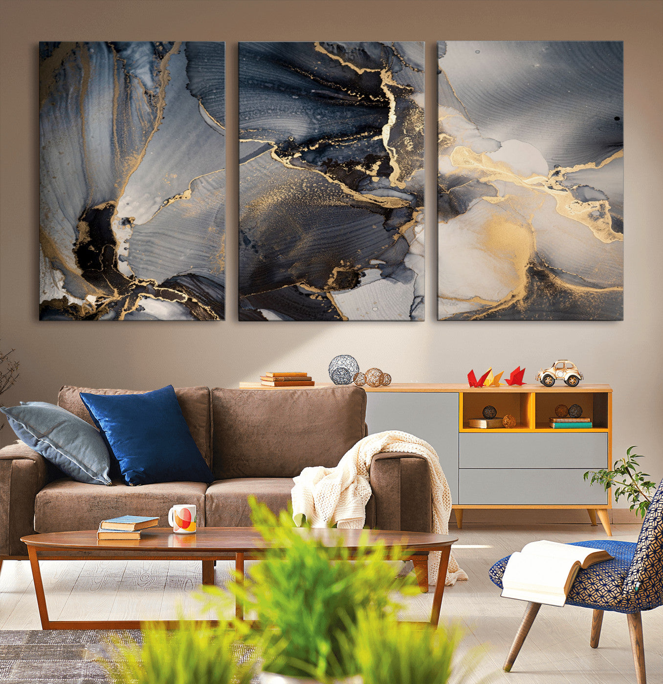 24068-MGV-CV-36X24-Luxury Abstract Wall Art – Gold & Gray Fluid Ink Painting Canvas, Modern Metallic Home Decor, Elegant Office or Living Room Accent