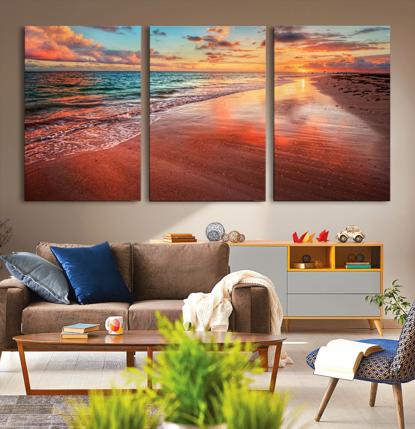 77723-MGV-CV-36X24-Sunset Beach Wall Art – Vibrant Ocean Canvas Print, Coastal Landscape Decor for Living Room, Bedroom or Office, Relaxing Tropical