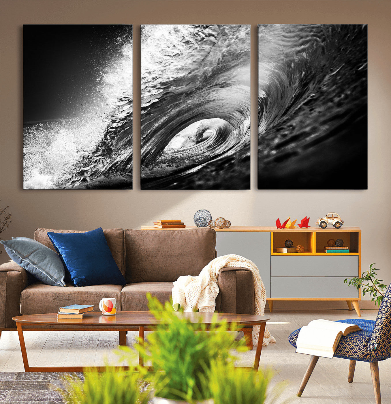 22702-MGV-CV-36X24-Black and White Ocean Wave Wall Art – Powerful Surf Curl Photography Canvas Print, Modern Coastal Decor for Living Room, Office or