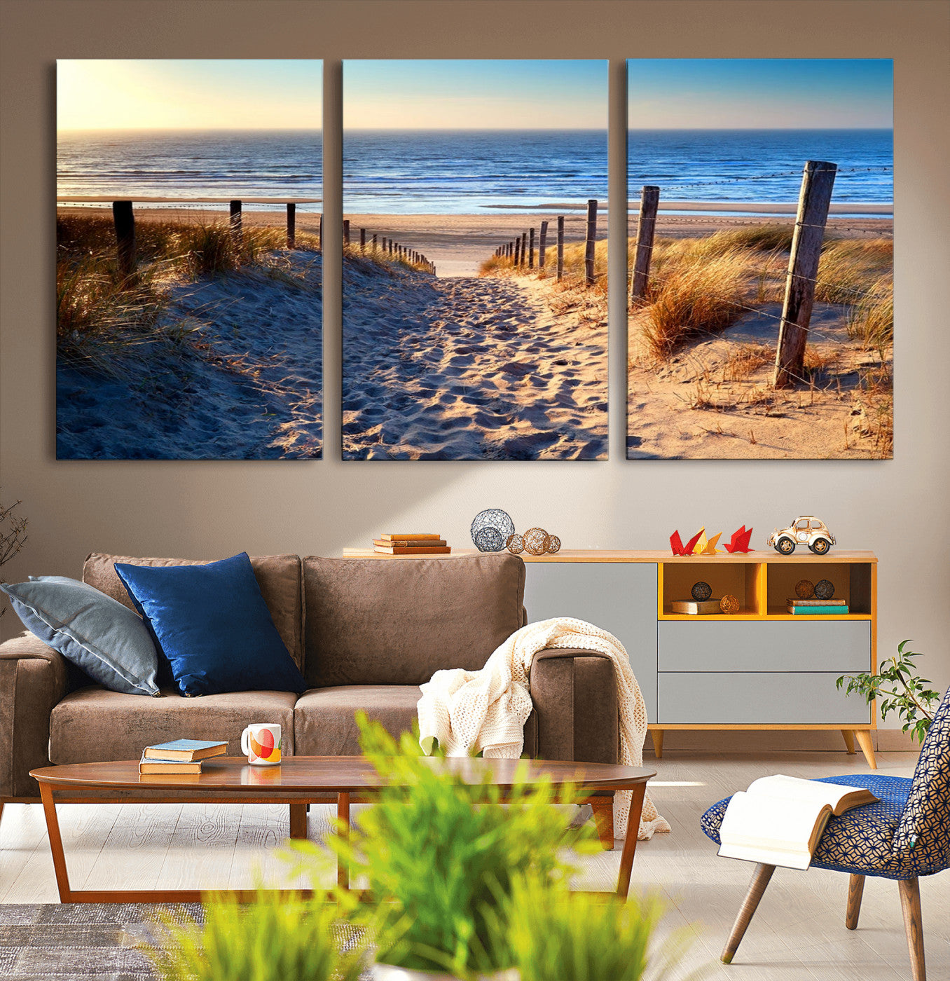 31889-MGV-CV-36X24-Sandy Beach Pathway Wall Art – Coastal Dune Fence and Ocean View Canvas Print, Relaxing Seaside Landscape Decor for Living Room or