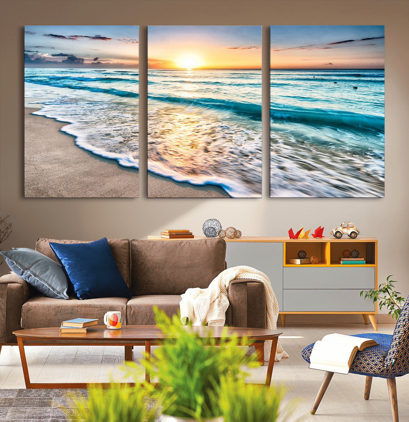 27815-MGV-CV-36X24-Ocean Sunrise Beach Wall Art – Serene Coastal Canvas Print with Waves and Golden Morning Light, Relaxing Seascape Decor for